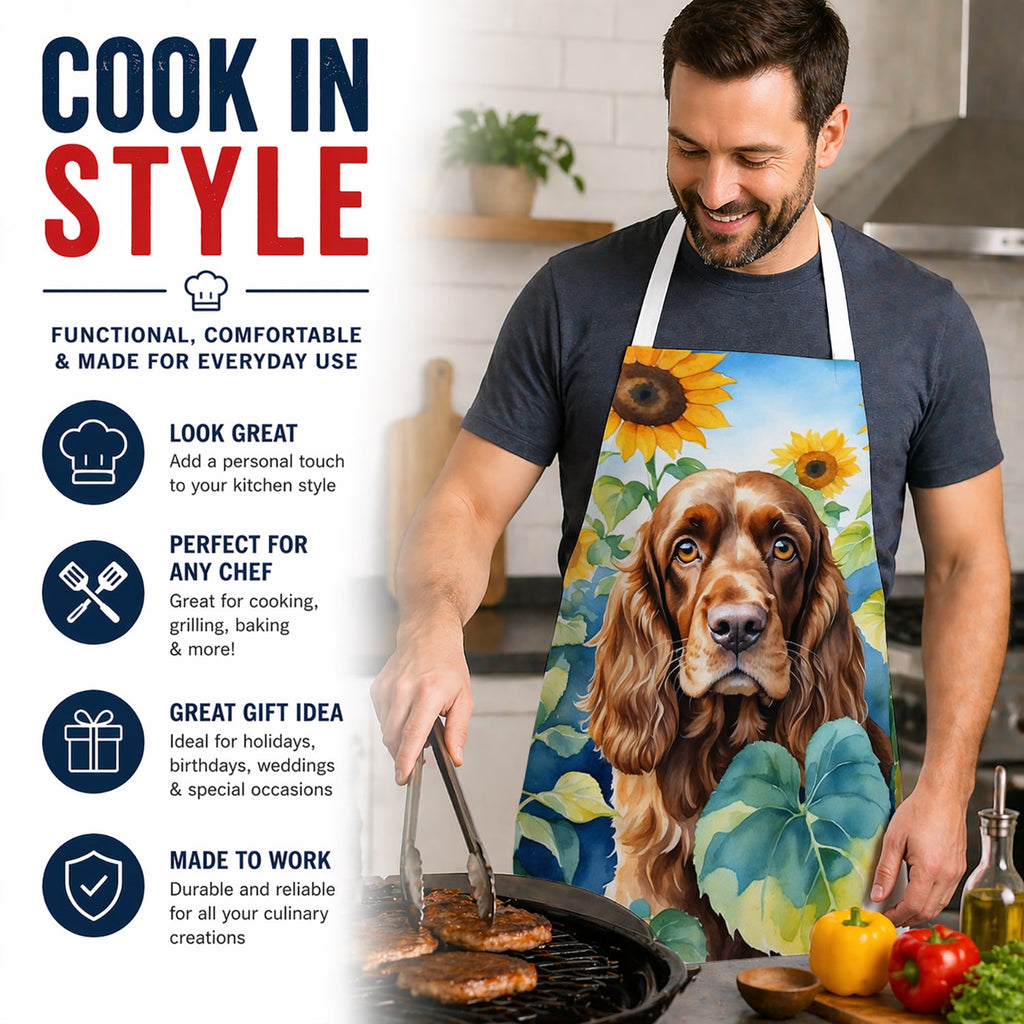 English Cocker Spaniel in Sunflowers Apron Cooking Kitchen Server Baking Crafts Gardening for Adult Women Men, Unisex, Large, Multicolor