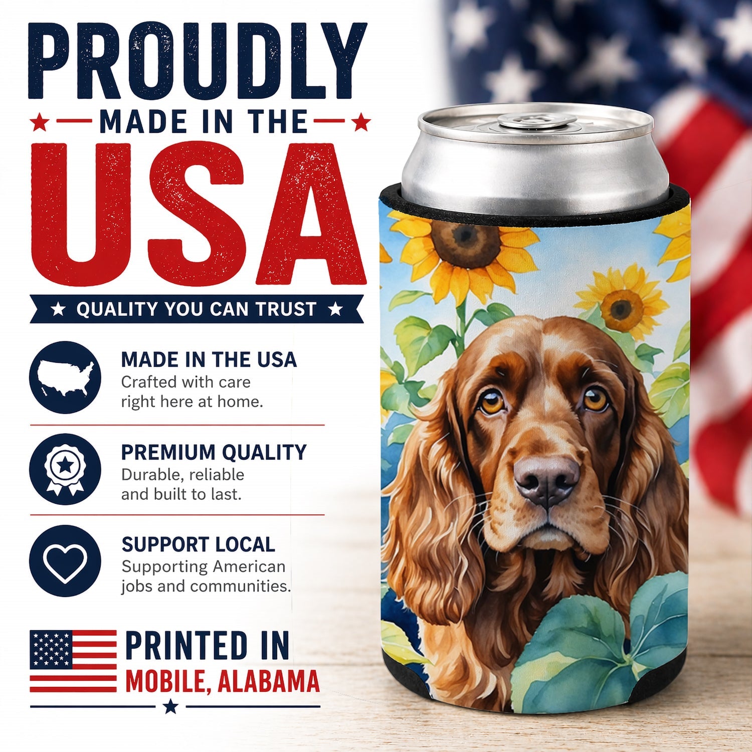 English Cocker Spaniel in Sunflowers Can or Bottle Hugger Cooler Sleeve for Standard 12 oz Cans, Insulated Foam Beer & Soda Can Hugger Reusable