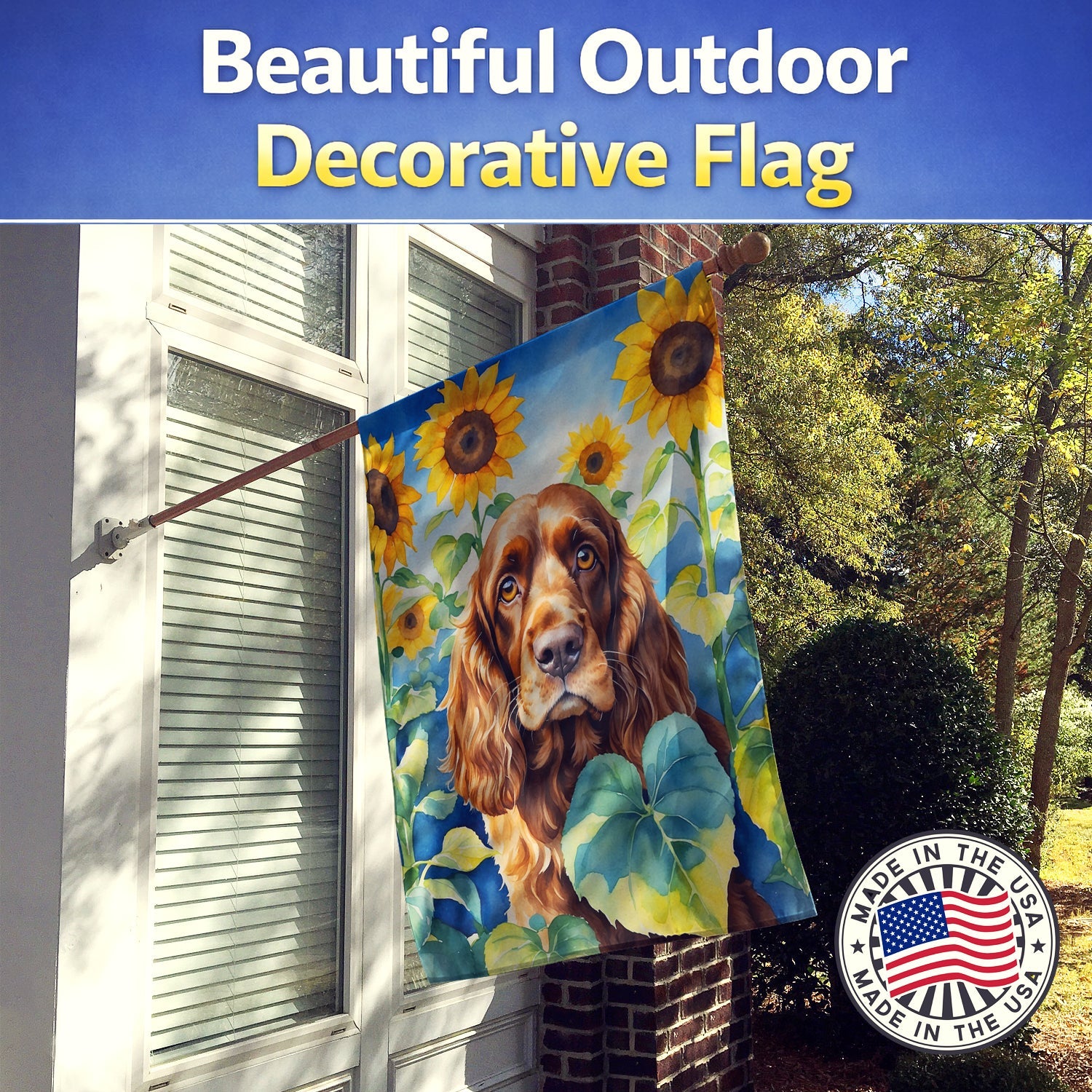 English Cocker Spaniel in Sunflowers House Flag 28x40 Porch Sleeve Pole Decorative Outside Yard Banner Artwork Wall Hanging, Polyester