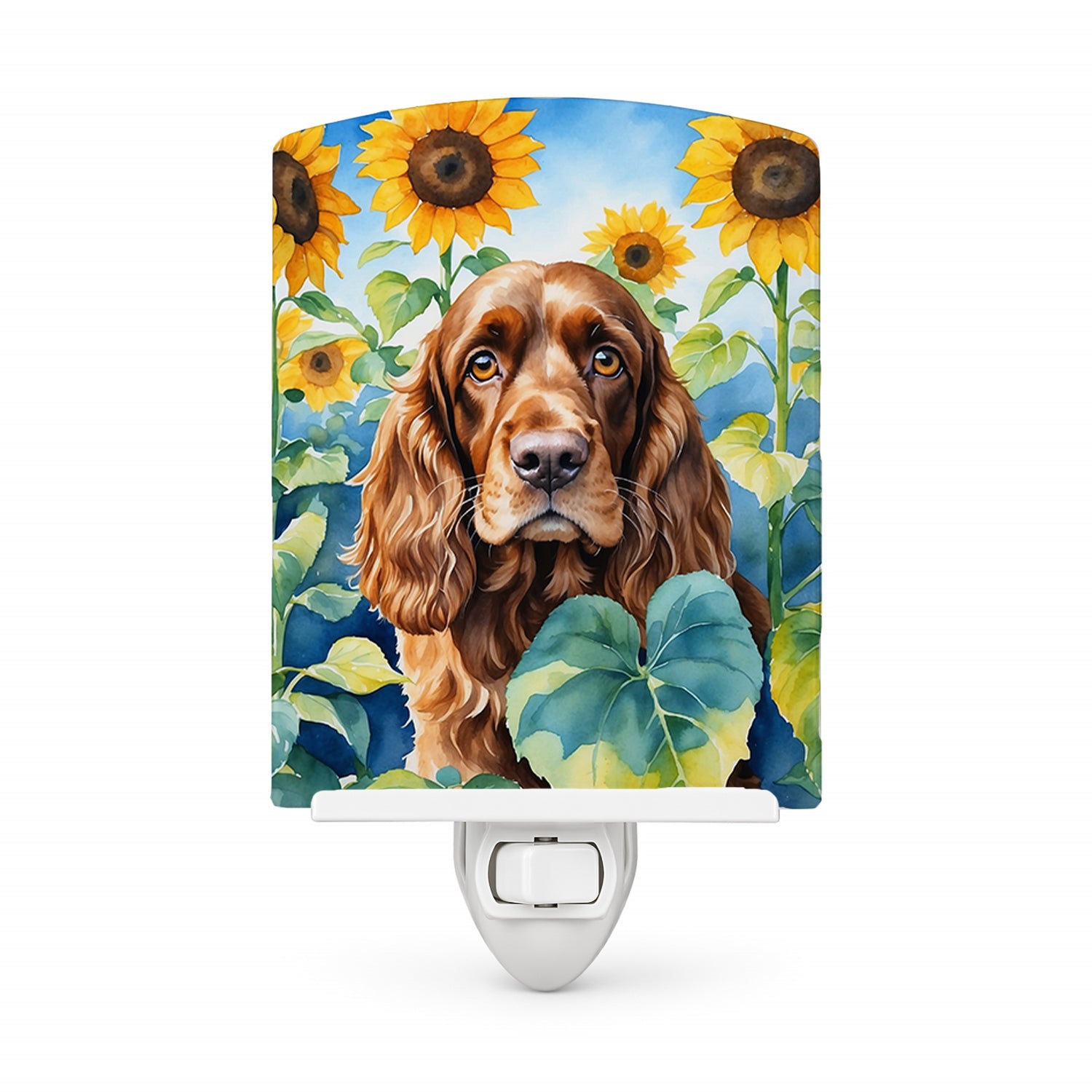 English Cocker Spaniel in Sunflowers Ceramic Night Light Compact, UL-Certified, Ideal for Bedroom, Bathroom, Nursery, Hallway, Kitchen, 6x4x3, Multicolor