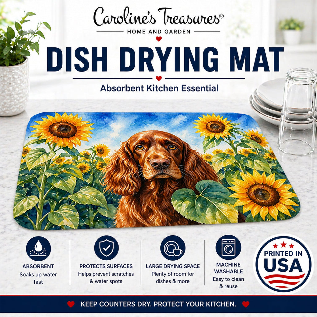 English Cocker Spaniel in Sunflowers Dish Drying Mat Absorbent Dish Drying Mat Pad for Kitchen Counter Dish Drainer Mat for Countertop, 14 x 21", Multicolor