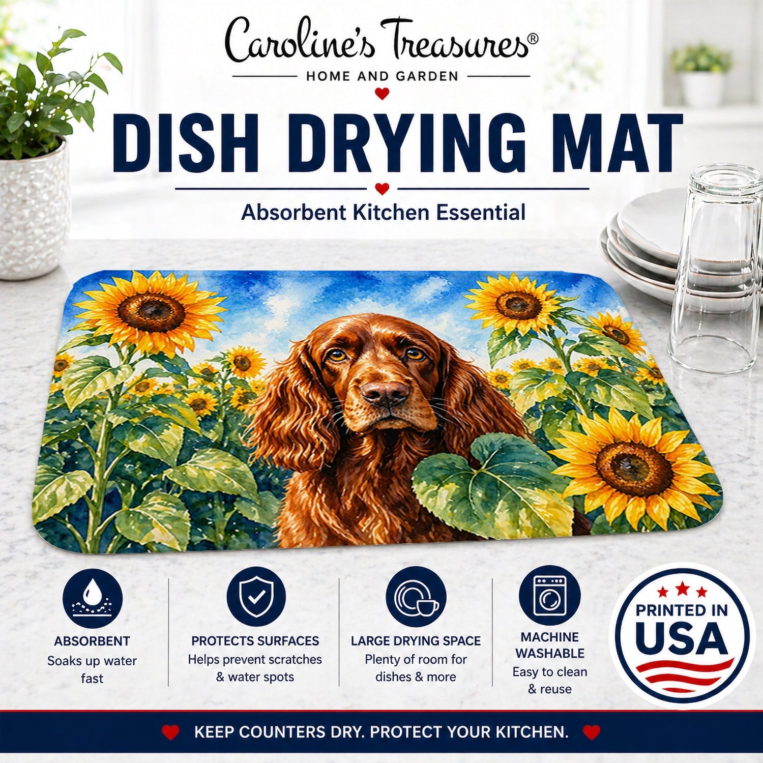 English Cocker Spaniel in Sunflowers Dish Drying Mat Absorbent Dish Drying Mat Pad for Kitchen Counter Dish Drainer Mat for Countertop, 14 x 21", Multicolor