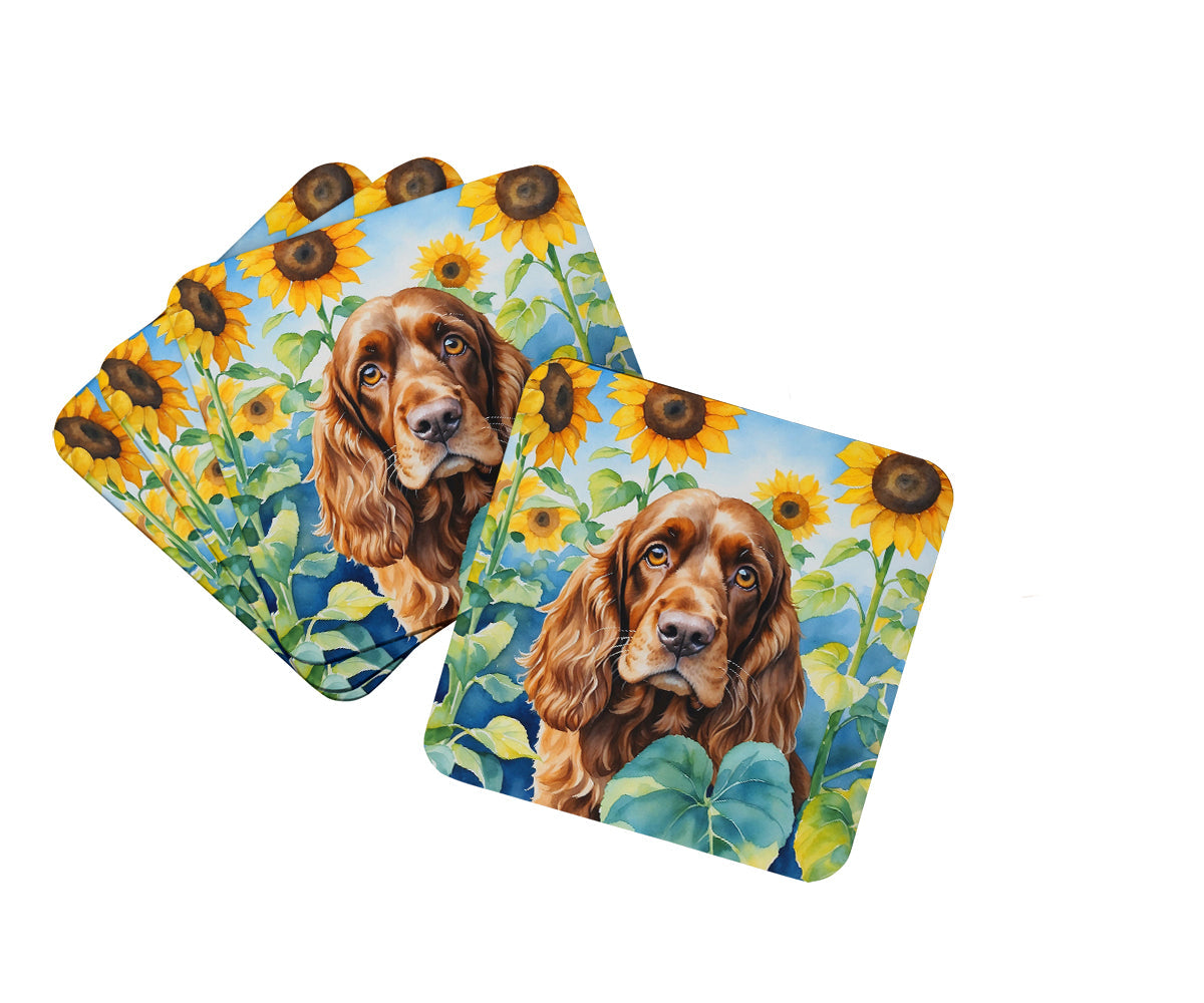 English Cocker Spaniel in Sunflowers Foam Coasters Set of 4 Cup Coasters for Indoor Outdoor, Tabletop Protection, Anti Slip, Mouse pad Material