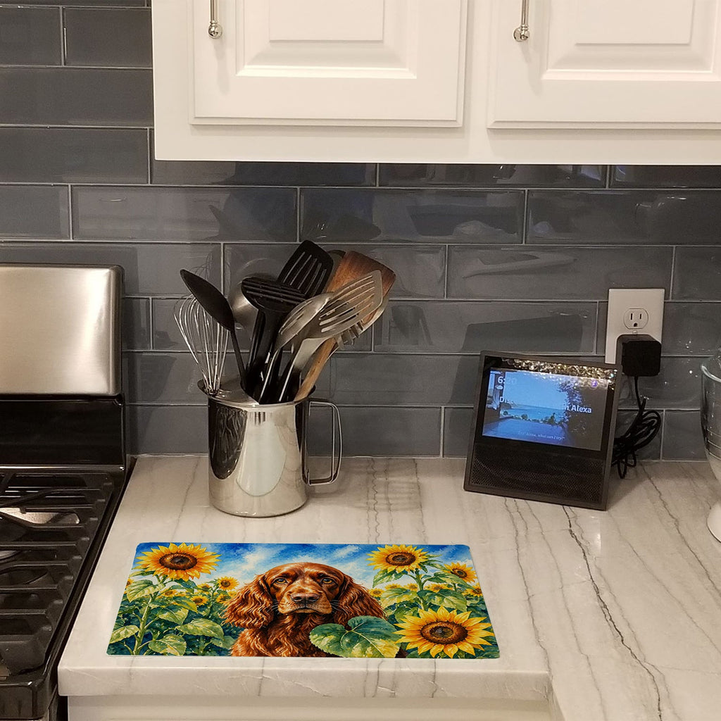 English Cocker Spaniel in Sunflowers Cutting Board Tempered Glass Kitchen Cutting Surface, Heat Resistant Chopping Board with Non-Slip Feet, Decorative Food Prep & Serving