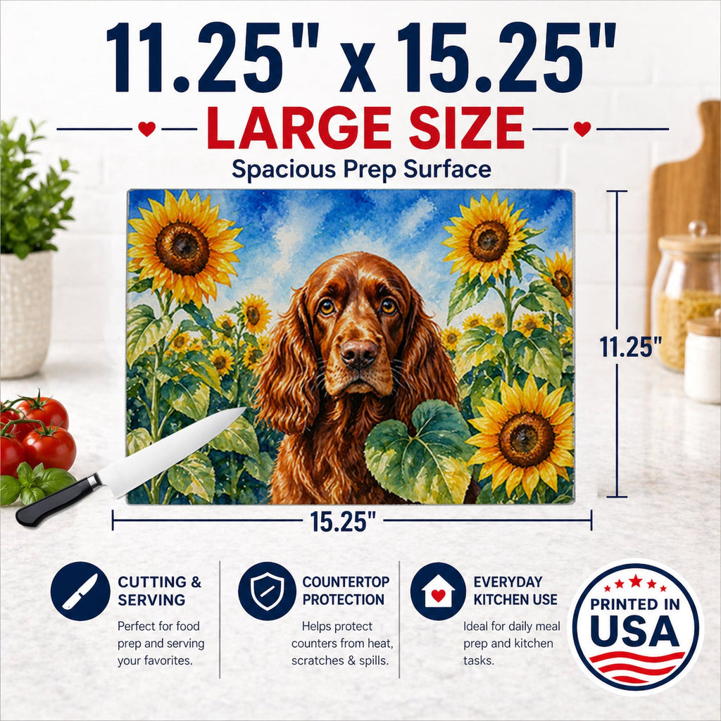 English Cocker Spaniel in Sunflowers Cutting Board Tempered Glass Kitchen Cutting Surface, Heat Resistant Chopping Board with Non-Slip Feet, Decorative Food Prep & Serving