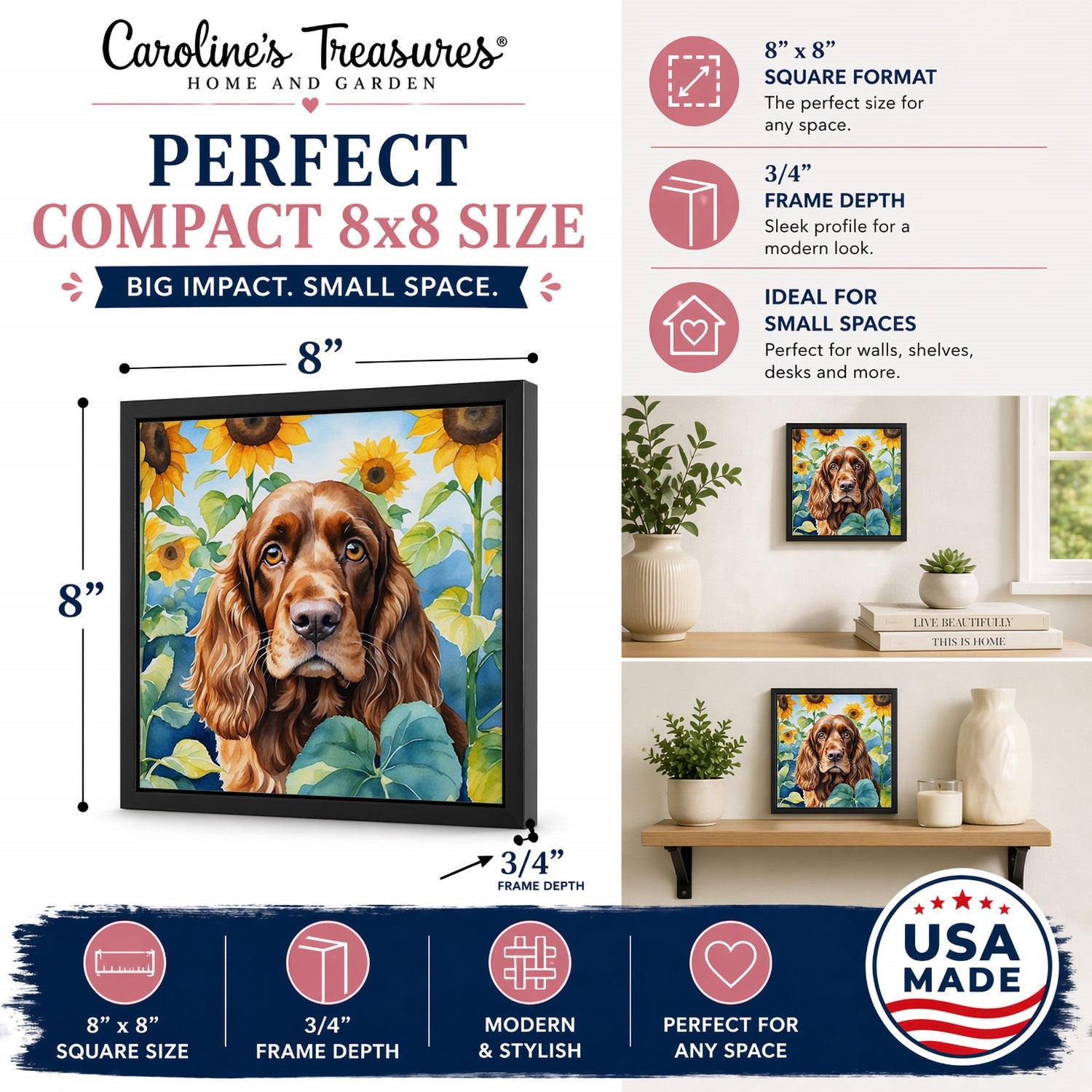 English Cocker Spaniel in Sunflowers Framed Metal Print Bathroom, Kitchen, Office, Home Decor Wall Art Ready to Hang, Square, 8X8