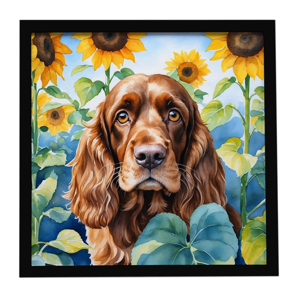 English Cocker Spaniel in Sunflowers Framed Metal Print Bathroom, Kitchen, Office, Home Decor Wall Art Ready to Hang, Square, 8X8