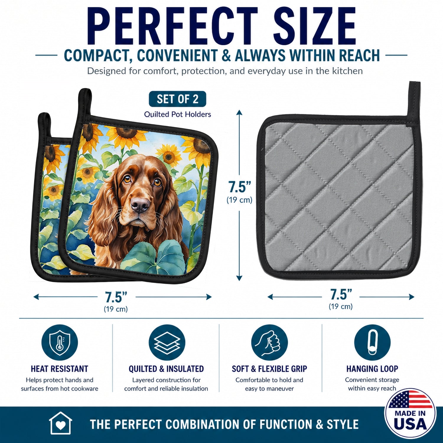 English Cocker Spaniel in Sunflowers Pot Holder Set of 2 Heat Resistant Quilted Hot Pads 7.5 x 7.5 Inch, Insulated Kitchen Trivets for Cooking & Baking