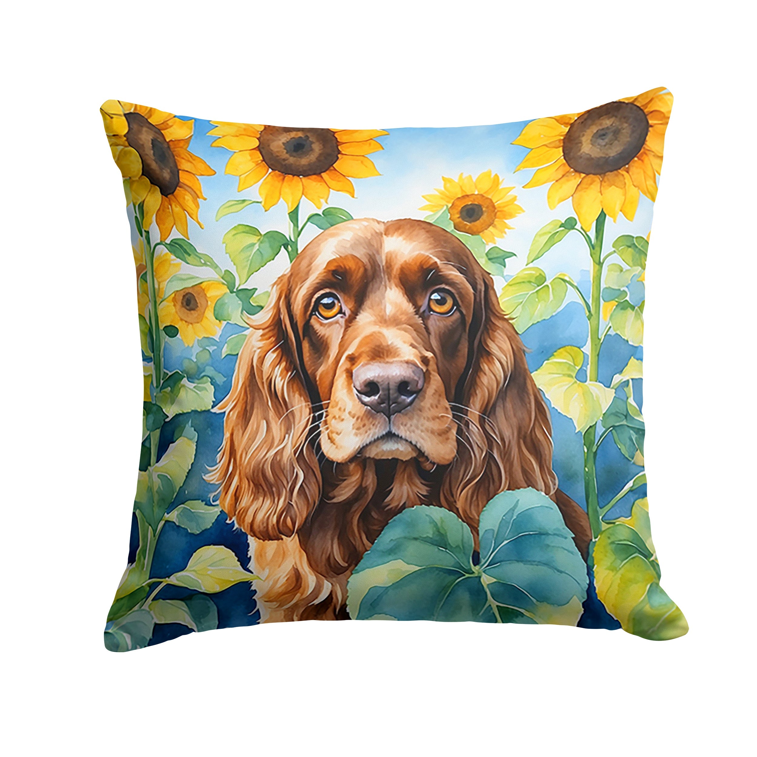 English Cocker Spaniel in Sunflowers Decorative Throw Pillow 14x14 Indoor Outdoor Accent Cushion, Fabric Cover with Insert for Sofa, Bed, Porch & Living Room