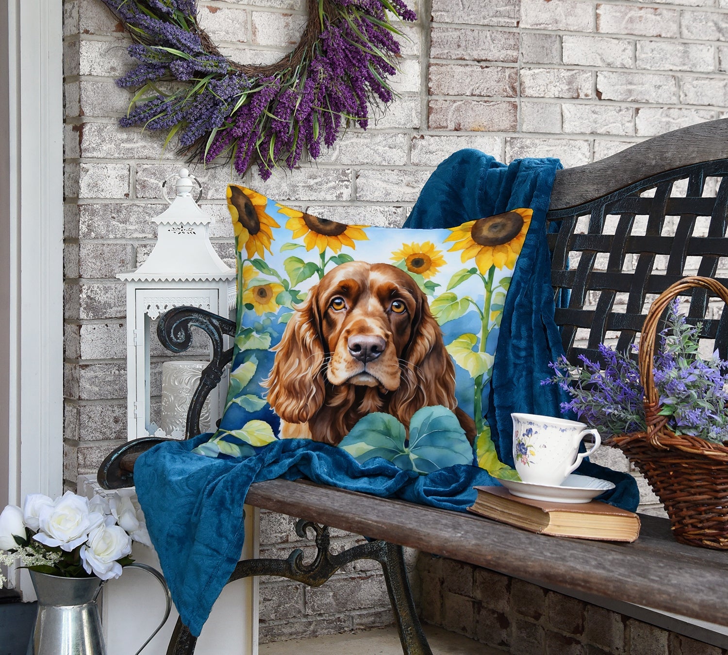English Cocker Spaniel in Sunflowers Decorative Throw Pillow 18x18 Indoor Outdoor Accent Cushion, Fabric Cover with Insert for Sofa, Bed, Porch & Living Room