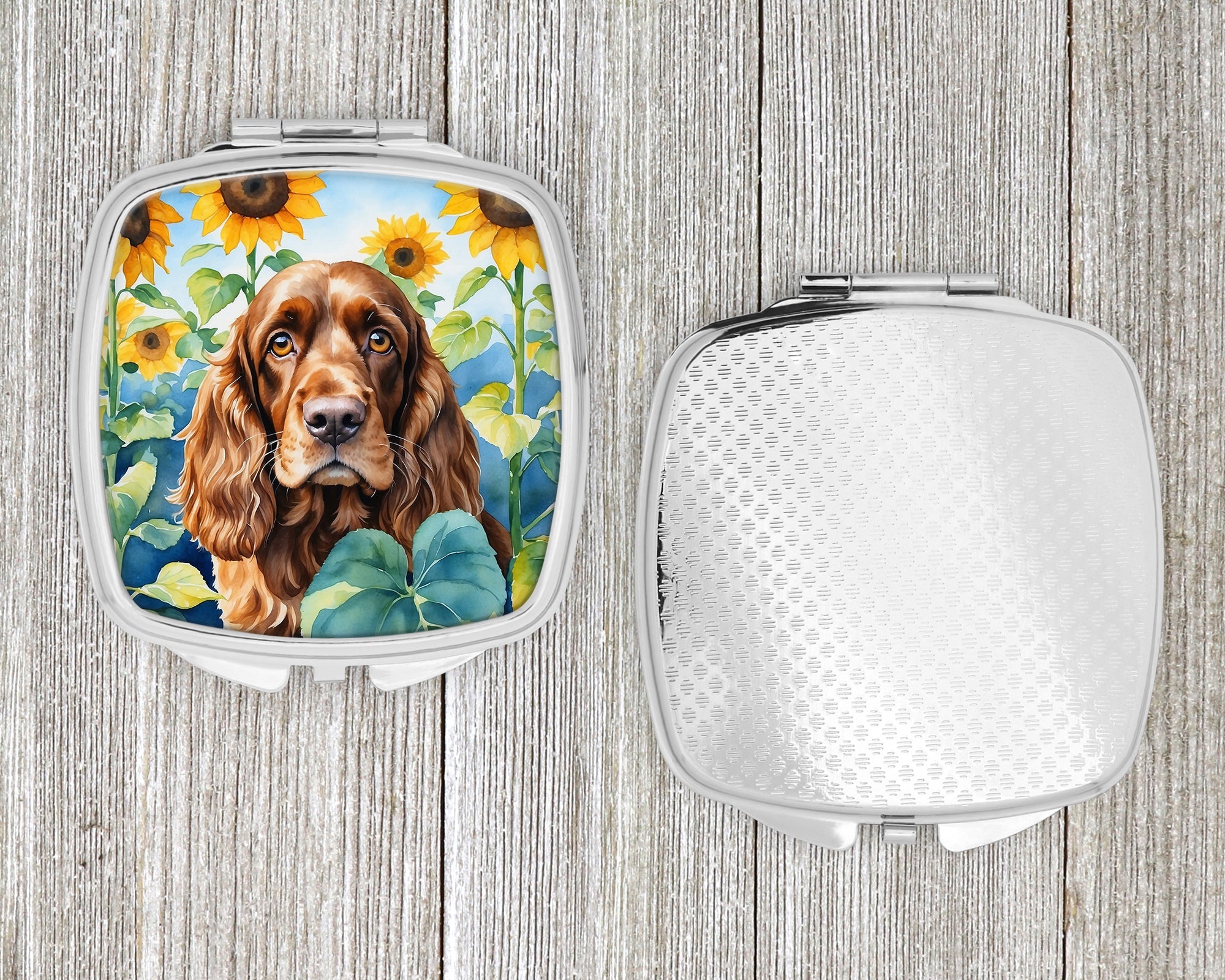 English Cocker Spaniel in Sunflowers Compact Mirror Decorative Travel Makeup Mirror for Women Girls Gifts Pocket Makeup Mirror Folding Handheld