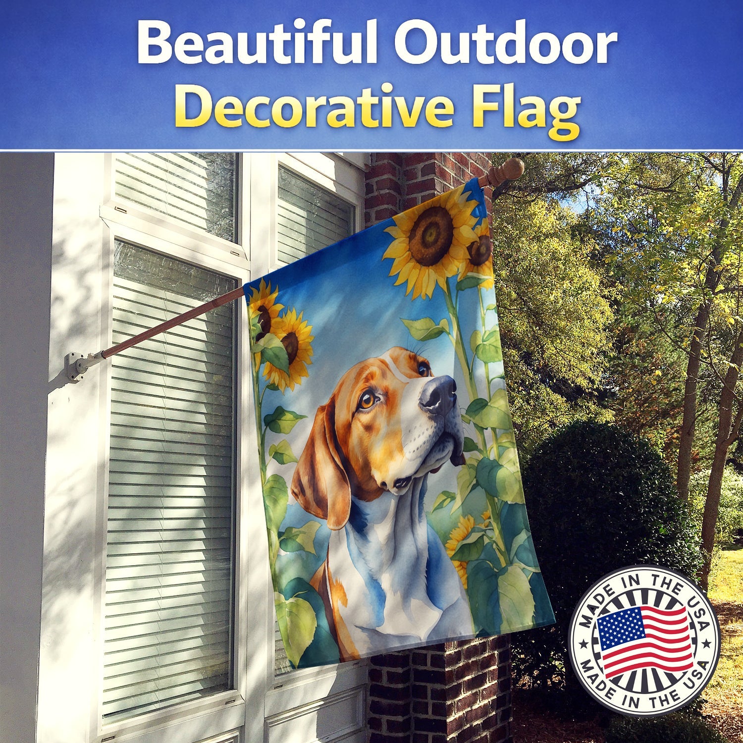 English Foxhound in Sunflowers House Flag 28x40 Porch Sleeve Pole Decorative Outside Yard Banner Artwork Wall Hanging, Polyester
