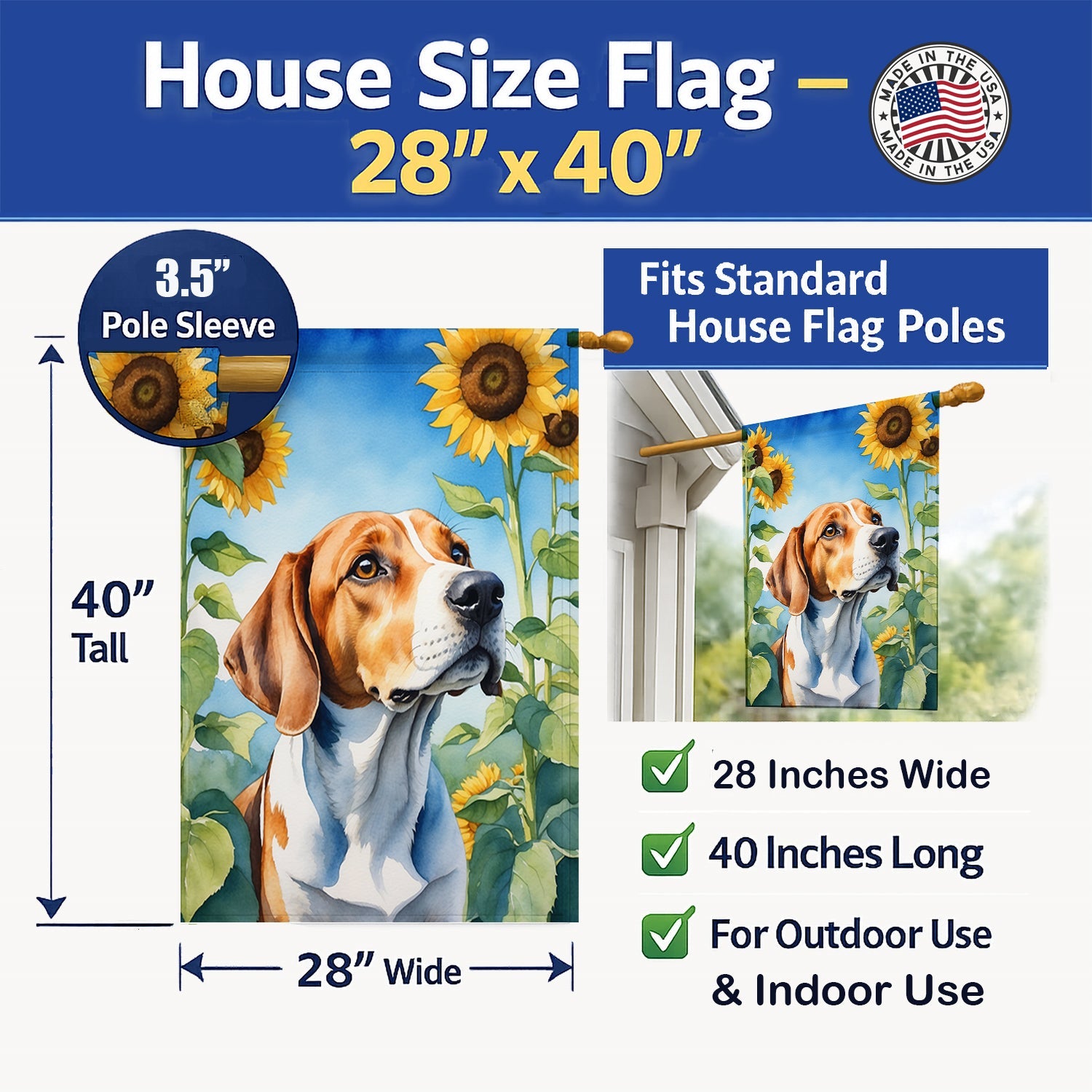 English Foxhound in Sunflowers House Flag 28x40 Porch Sleeve Pole Decorative Outside Yard Banner Artwork Wall Hanging, Polyester