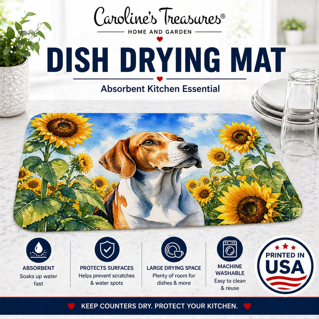 English Foxhound in Sunflowers Dish Drying Mat Absorbent Dish Drying Mat Pad for Kitchen Counter Dish Drainer Mat for Countertop, 14 x 21", Multicolor