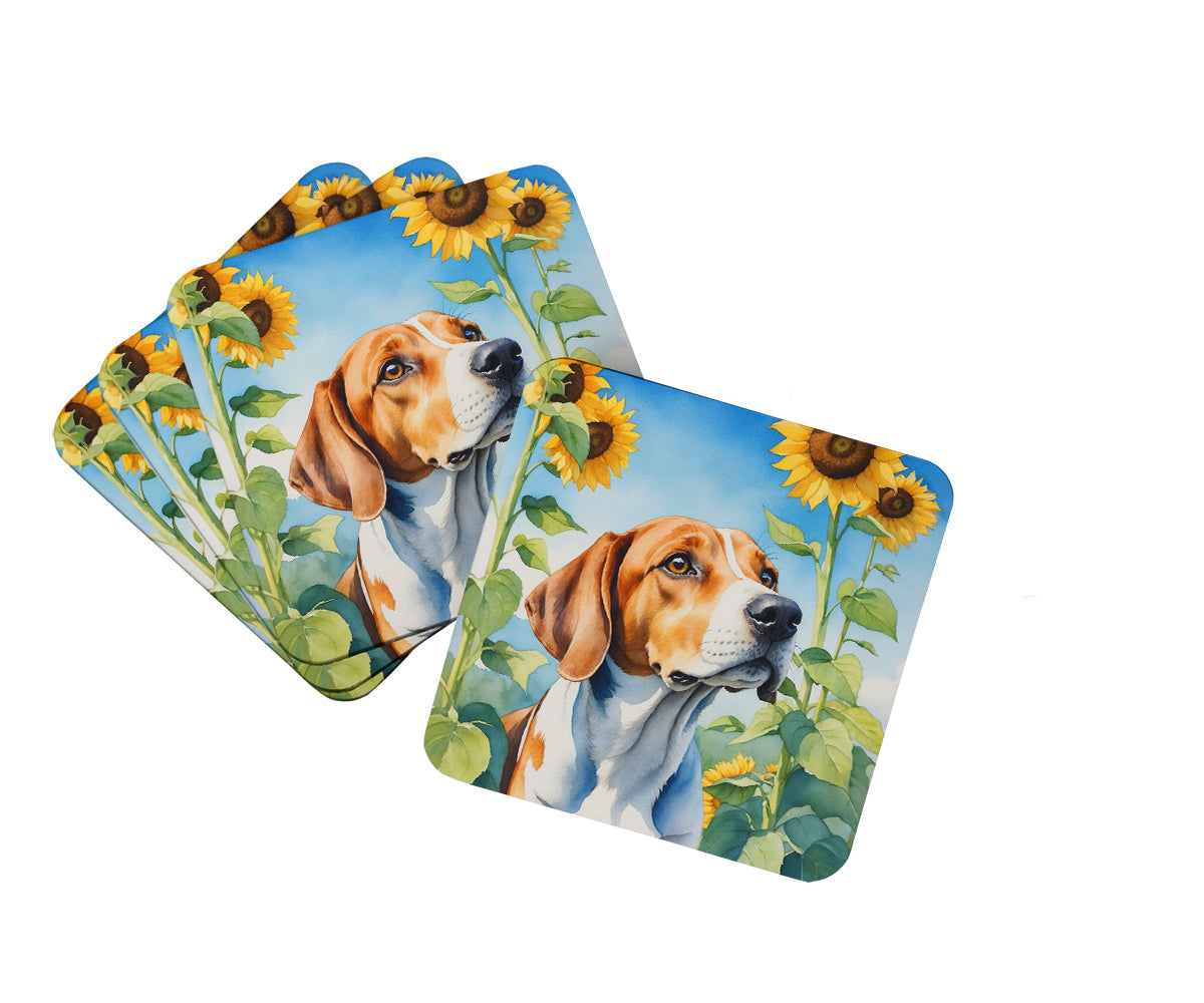 English Foxhound in Sunflowers Foam Coasters Set of 4 Cup Coasters for Indoor Outdoor, Tabletop Protection, Anti Slip, Mouse pad Material