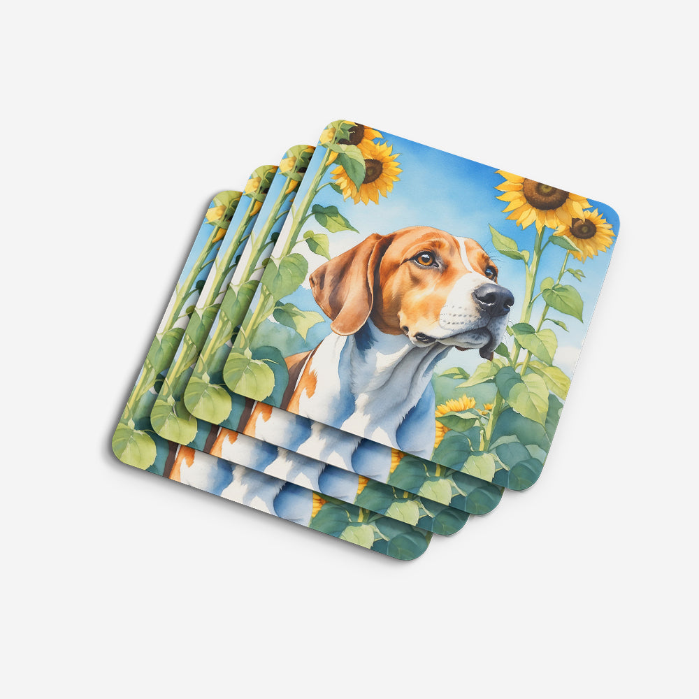 English Foxhound in Sunflowers Foam Coasters Set of 4 Cup Coasters for Indoor Outdoor, Tabletop Protection, Anti Slip, Mouse pad Material
