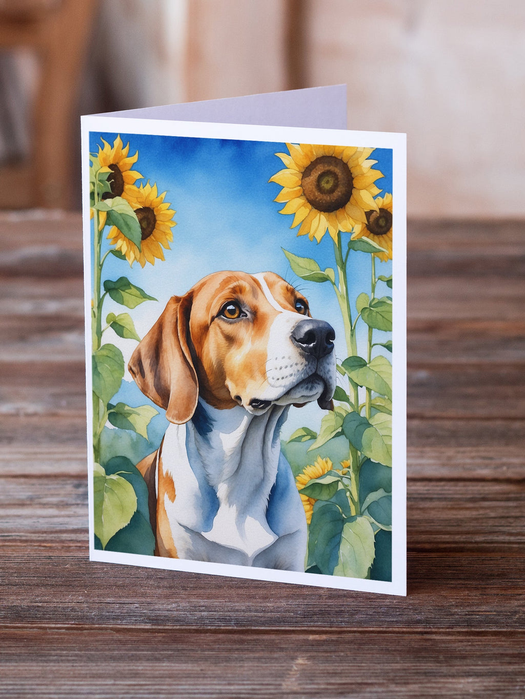 English Foxhound in Sunflowers Greeting Cards Pack of 8 Blank Cards with Envelopes Whimsical A7 Size 5x7