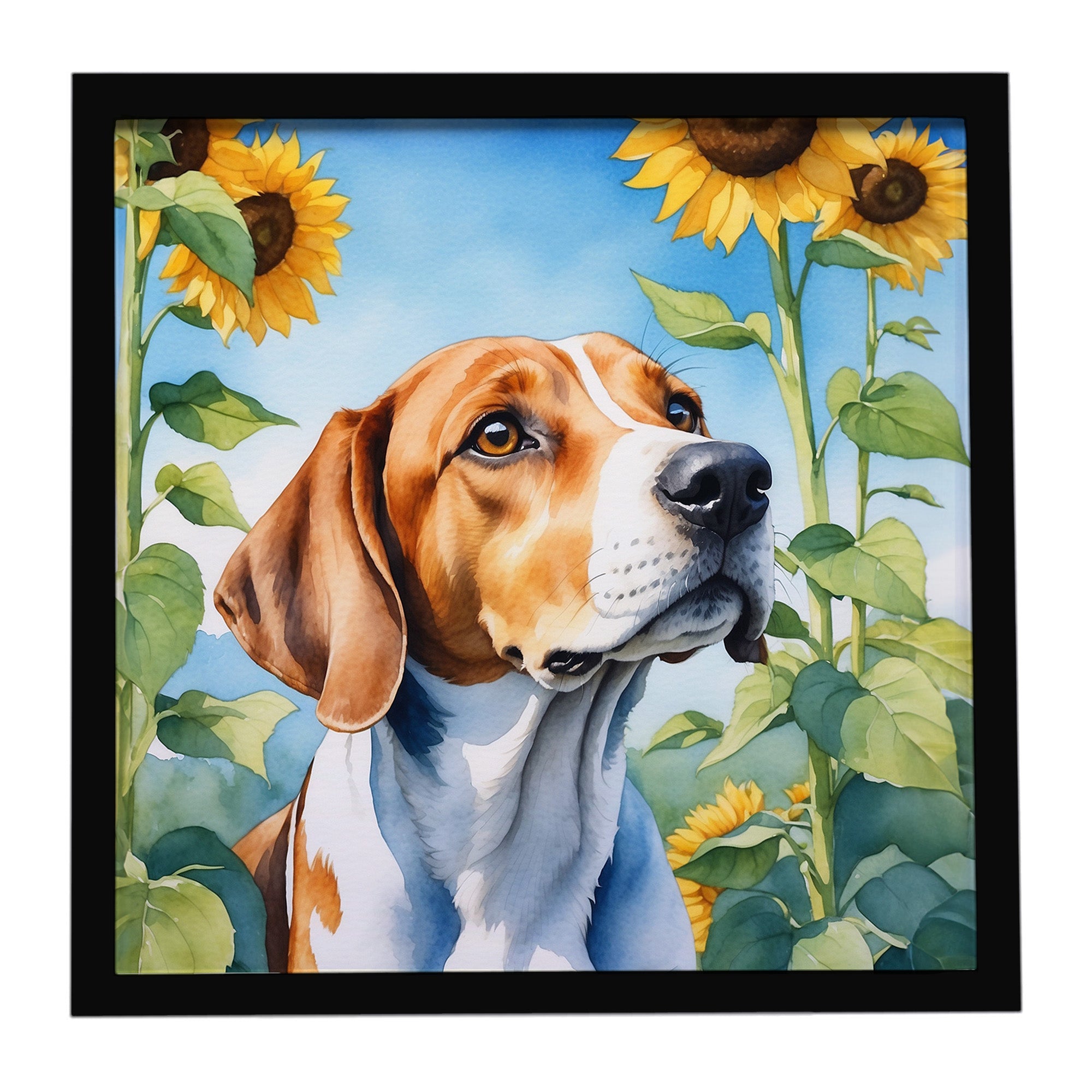 English Foxhound in Sunflowers Framed Metal Print Bathroom, Kitchen, Office, Home Decor Wall Art Ready to Hang, Square, 8X8