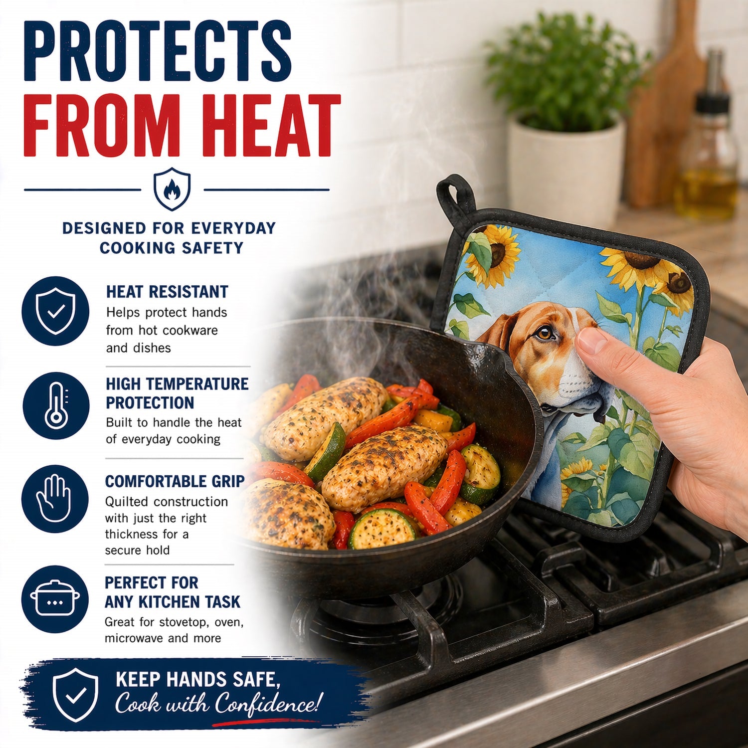 English Foxhound in Sunflowers Pot Holder Set of 2 Heat Resistant Quilted Hot Pads 7.5 x 7.5 Inch, Insulated Kitchen Trivets for Cooking & Baking