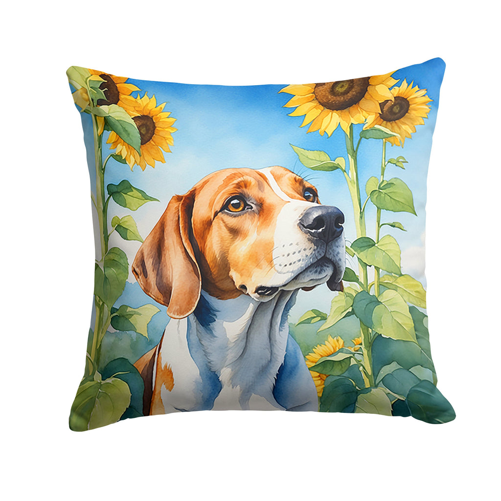 English Foxhound in Sunflowers Decorative Throw Pillow 14x14 Indoor Outdoor Accent Cushion, Fabric Cover with Insert for Sofa, Bed, Porch & Living Room