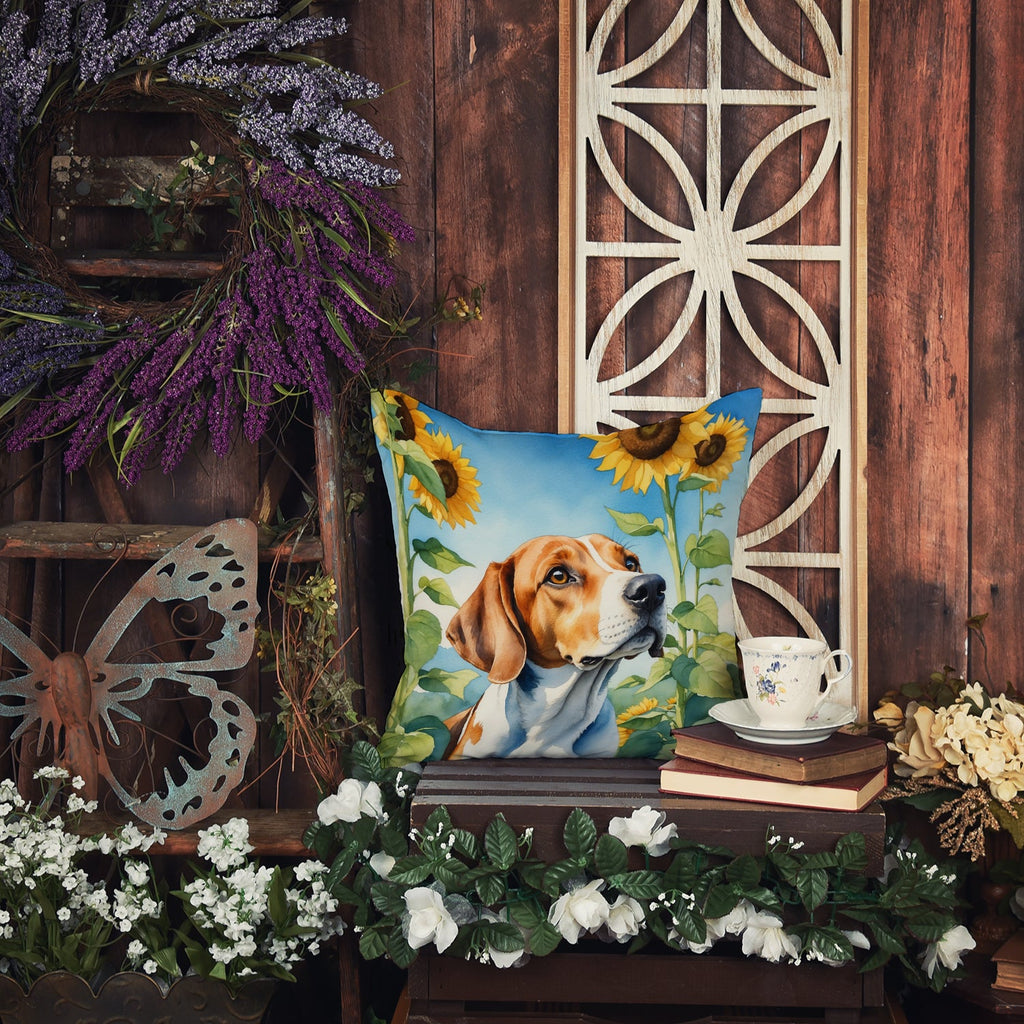 English Foxhound in Sunflowers Decorative Throw Pillow 14x14 Indoor Outdoor Accent Cushion, Fabric Cover with Insert for Sofa, Bed, Porch & Living Room