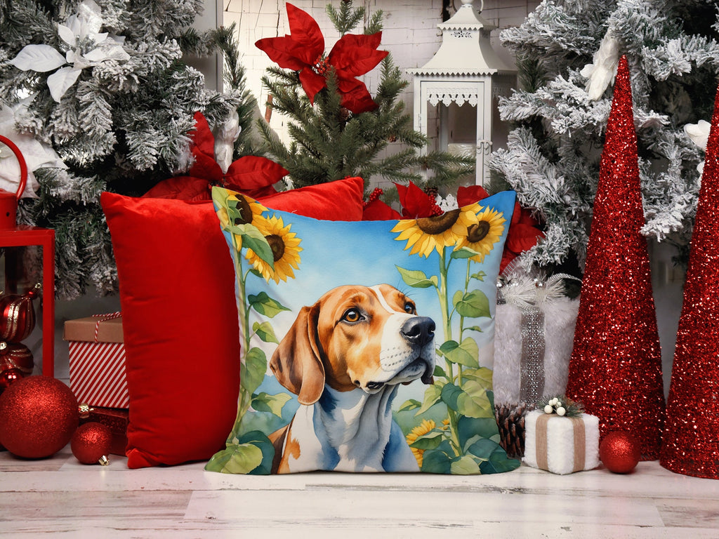 English Foxhound in Sunflowers Decorative Throw Pillow 14x14 Indoor Outdoor Accent Cushion, Fabric Cover with Insert for Sofa, Bed, Porch & Living Room