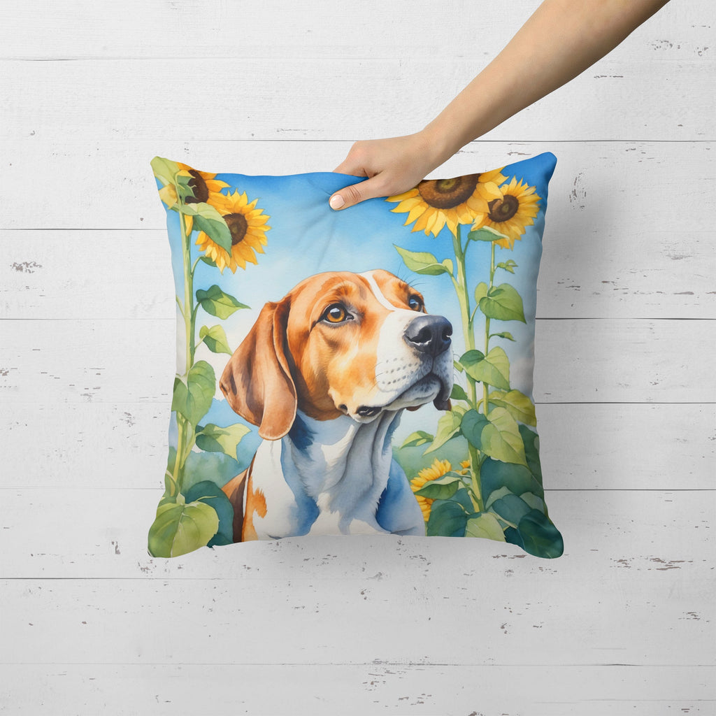 English Foxhound in Sunflowers Decorative Throw Pillow 18x18 Indoor Outdoor Accent Cushion, Fabric Cover with Insert for Sofa, Bed, Porch & Living Room