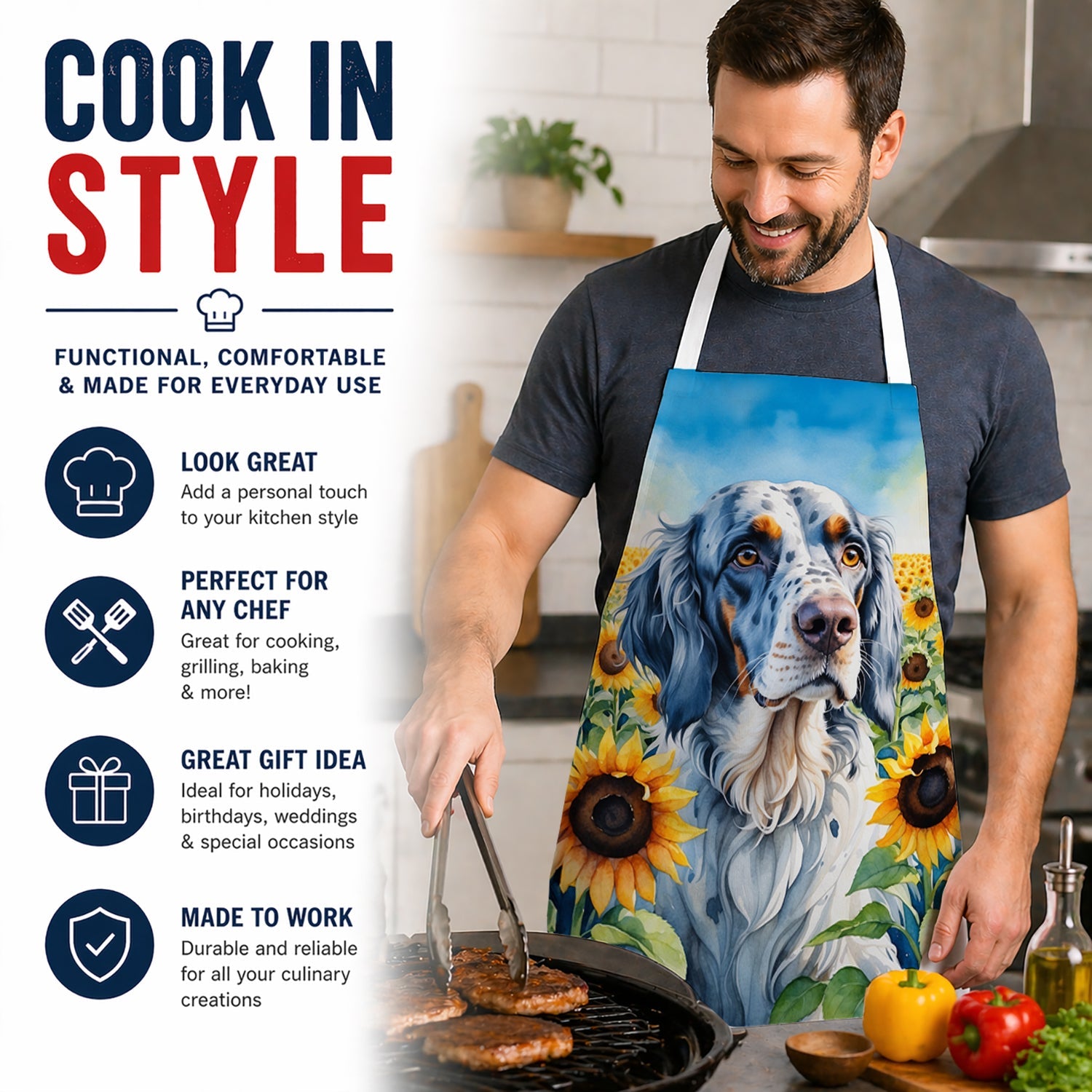 English Setter in Sunflowers Apron Cooking Kitchen Server Baking Crafts Gardening for Adult Women Men, Unisex, Large, Multicolor