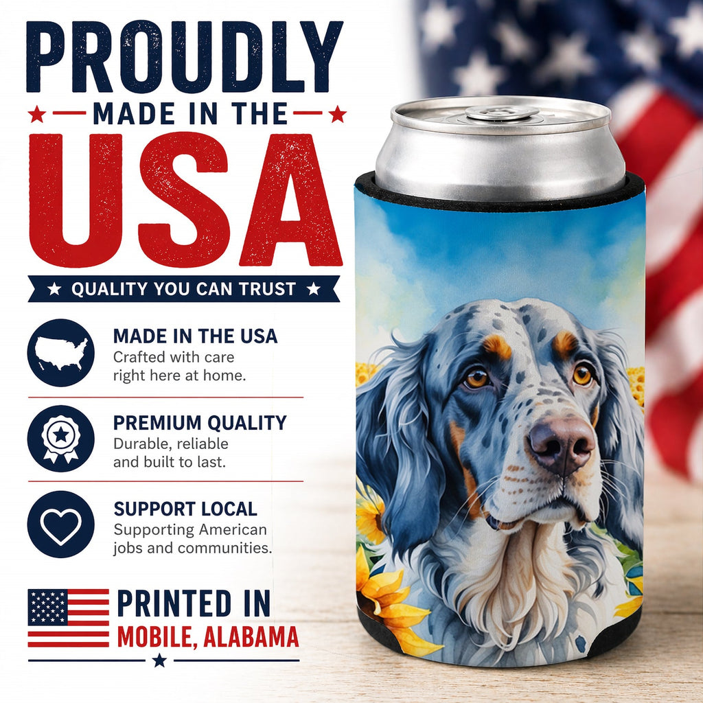 English Setter in Sunflowers Can or Bottle Hugger Cooler Sleeve for Standard 12 oz Cans, Insulated Foam Beer & Soda Can Hugger Reusable