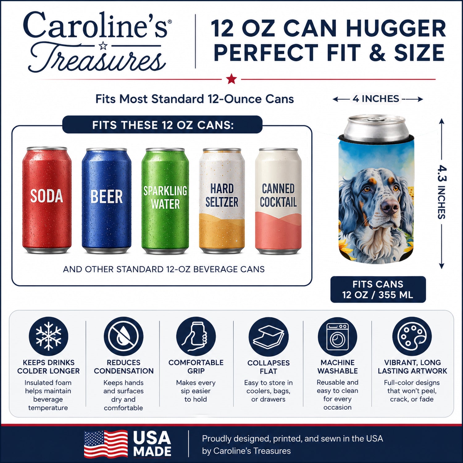 English Setter in Sunflowers Can or Bottle Hugger Cooler Sleeve for Standard 12 oz Cans, Insulated Foam Beer & Soda Can Hugger Reusable