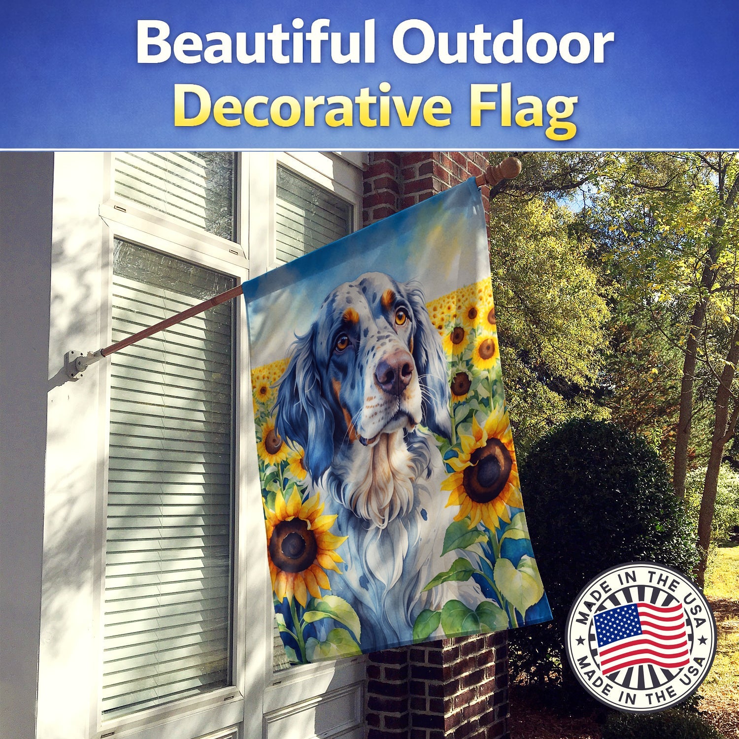 English Setter in Sunflowers House Flag 28x40 Porch Sleeve Pole Decorative Outside Yard Banner Artwork Wall Hanging, Polyester