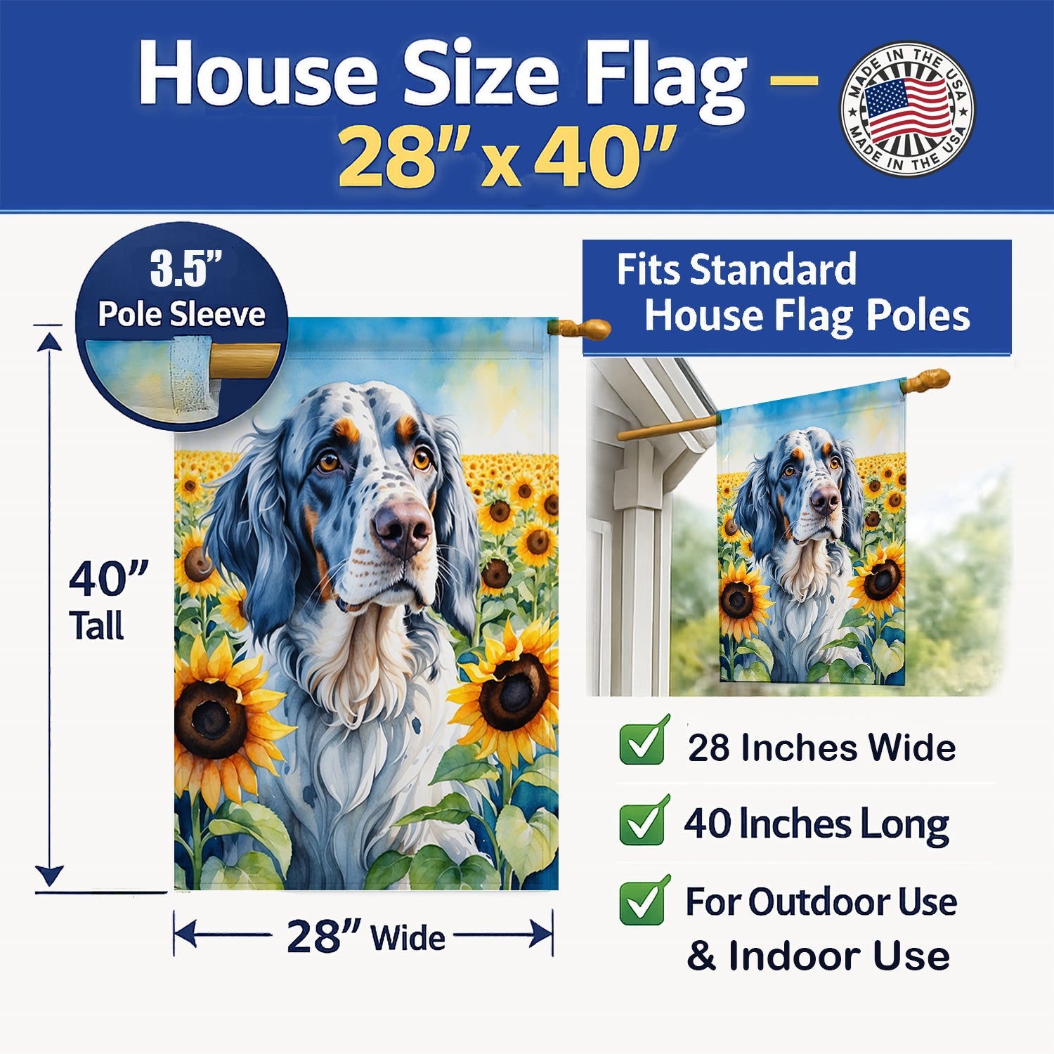English Setter in Sunflowers House Flag 28x40 Porch Sleeve Pole Decorative Outside Yard Banner Artwork Wall Hanging, Polyester