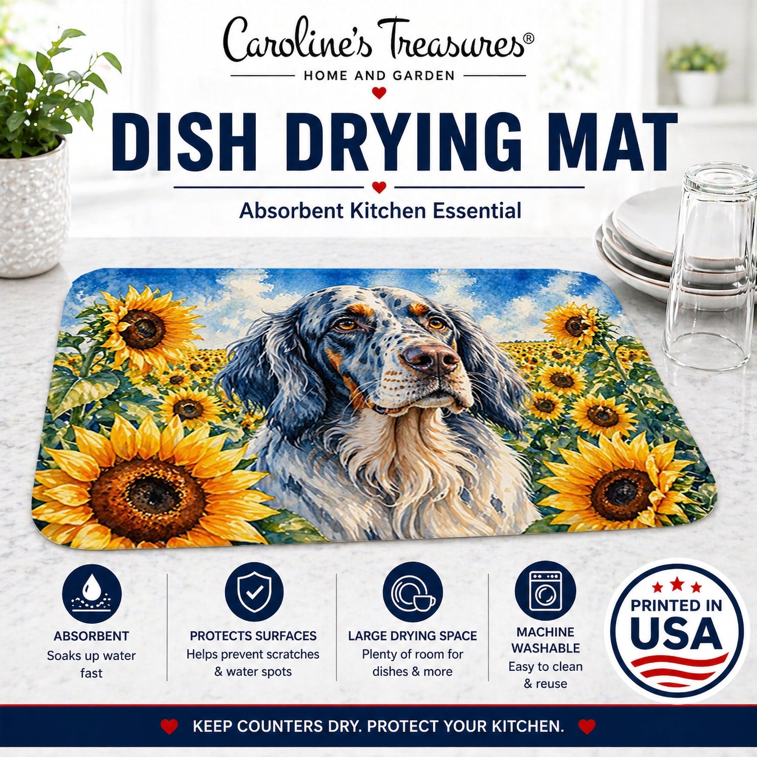English Setter in Sunflowers Dish Drying Mat Absorbent Dish Drying Mat Pad for Kitchen Counter Dish Drainer Mat for Countertop, 14 x 21", Multicolor