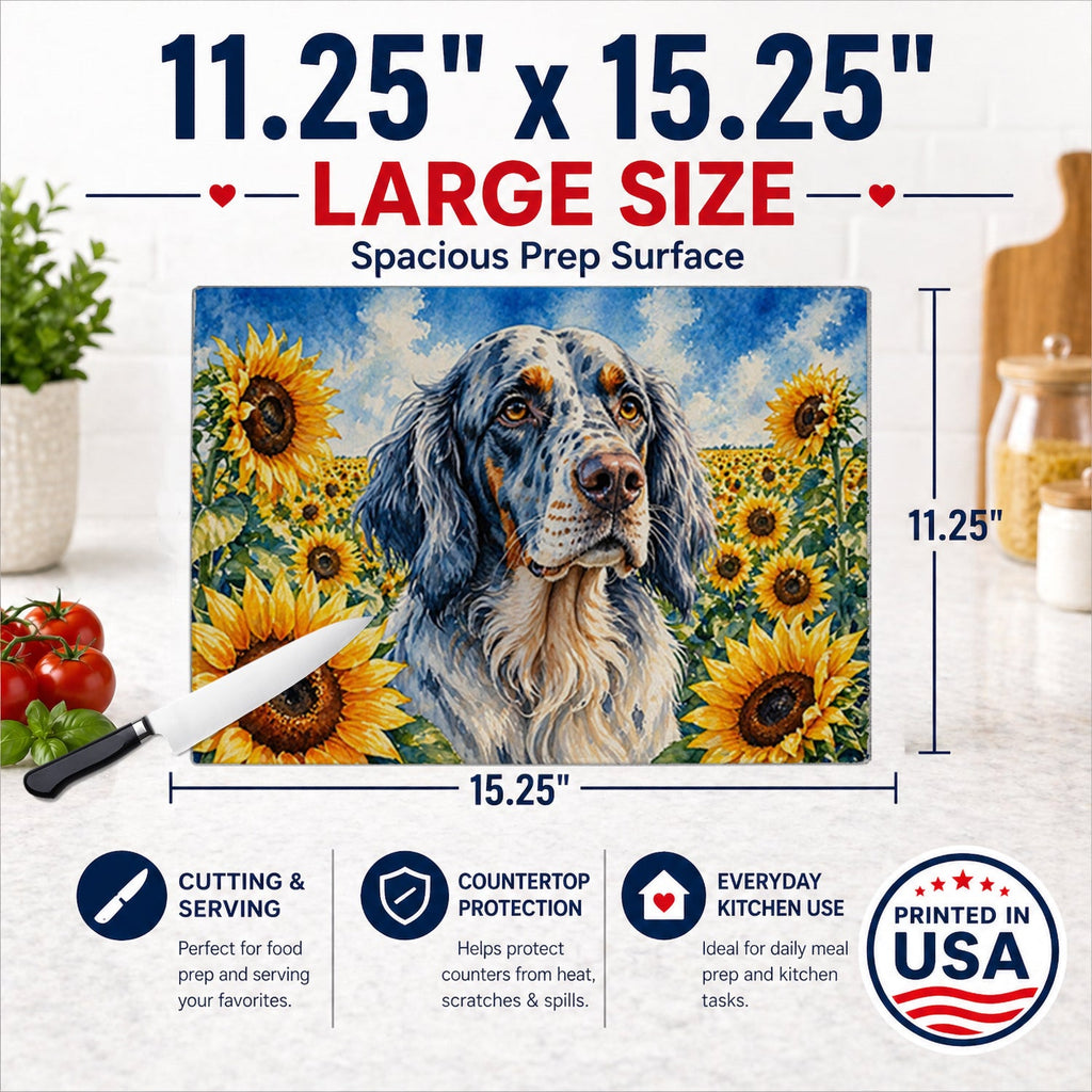 English Setter in Sunflowers Cutting Board Tempered Glass Kitchen Cutting Surface, Heat Resistant Chopping Board with Non-Slip Feet, Decorative Food Prep & Serving