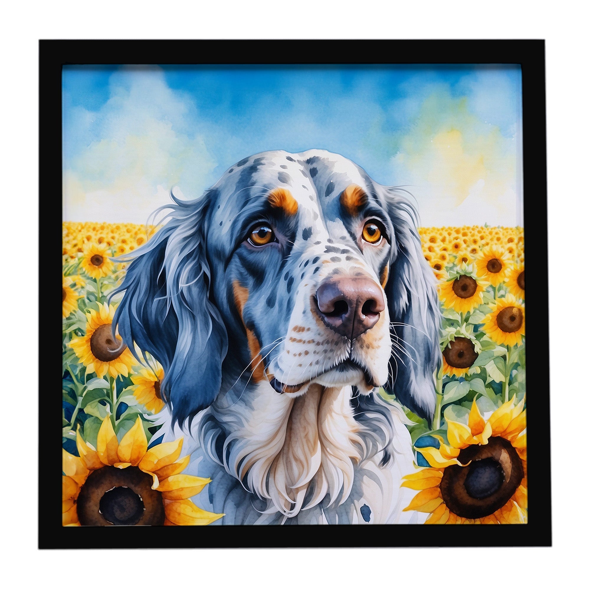 English Setter in Sunflowers Framed Metal Print Bathroom, Kitchen, Office, Home Decor Wall Art Ready to Hang, Square, 8X8