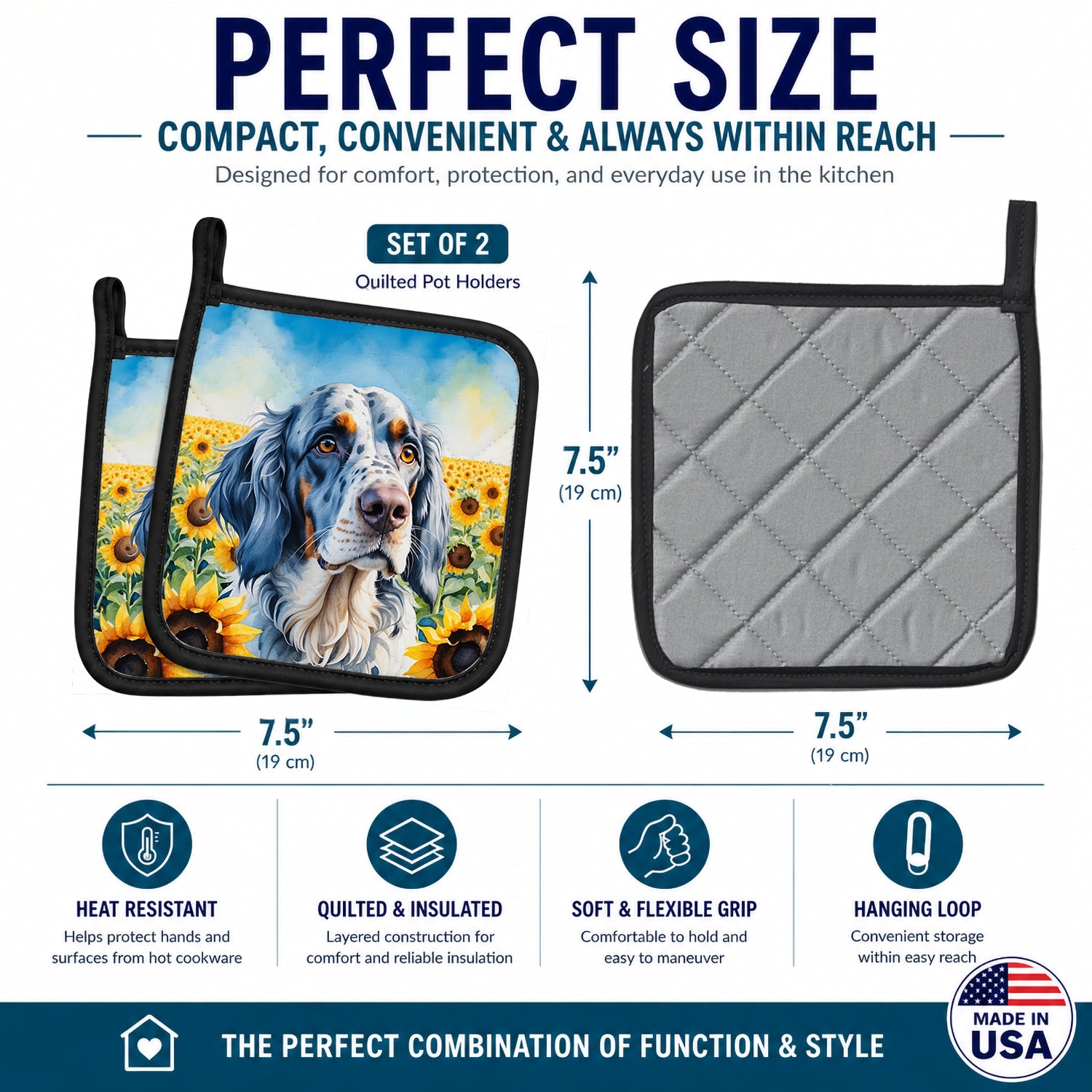 English Setter in Sunflowers Pot Holder Set of 2 Heat Resistant Quilted Hot Pads 7.5 x 7.5 Inch, Insulated Kitchen Trivets for Cooking & Baking