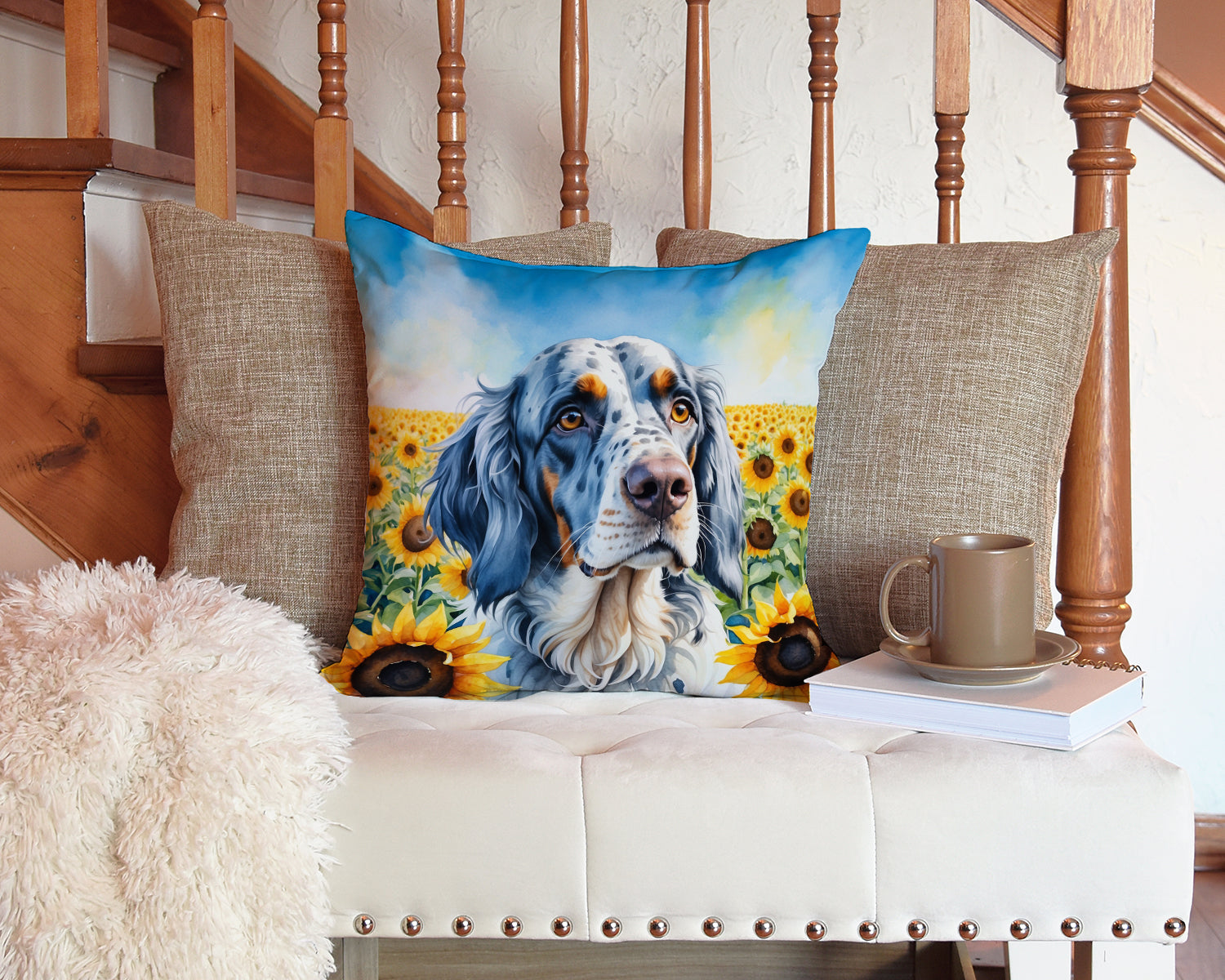 English Setter in Sunflowers Decorative Throw Pillow 14x14 Indoor Outdoor Accent Cushion, Fabric Cover with Insert for Sofa, Bed, Porch & Living Room