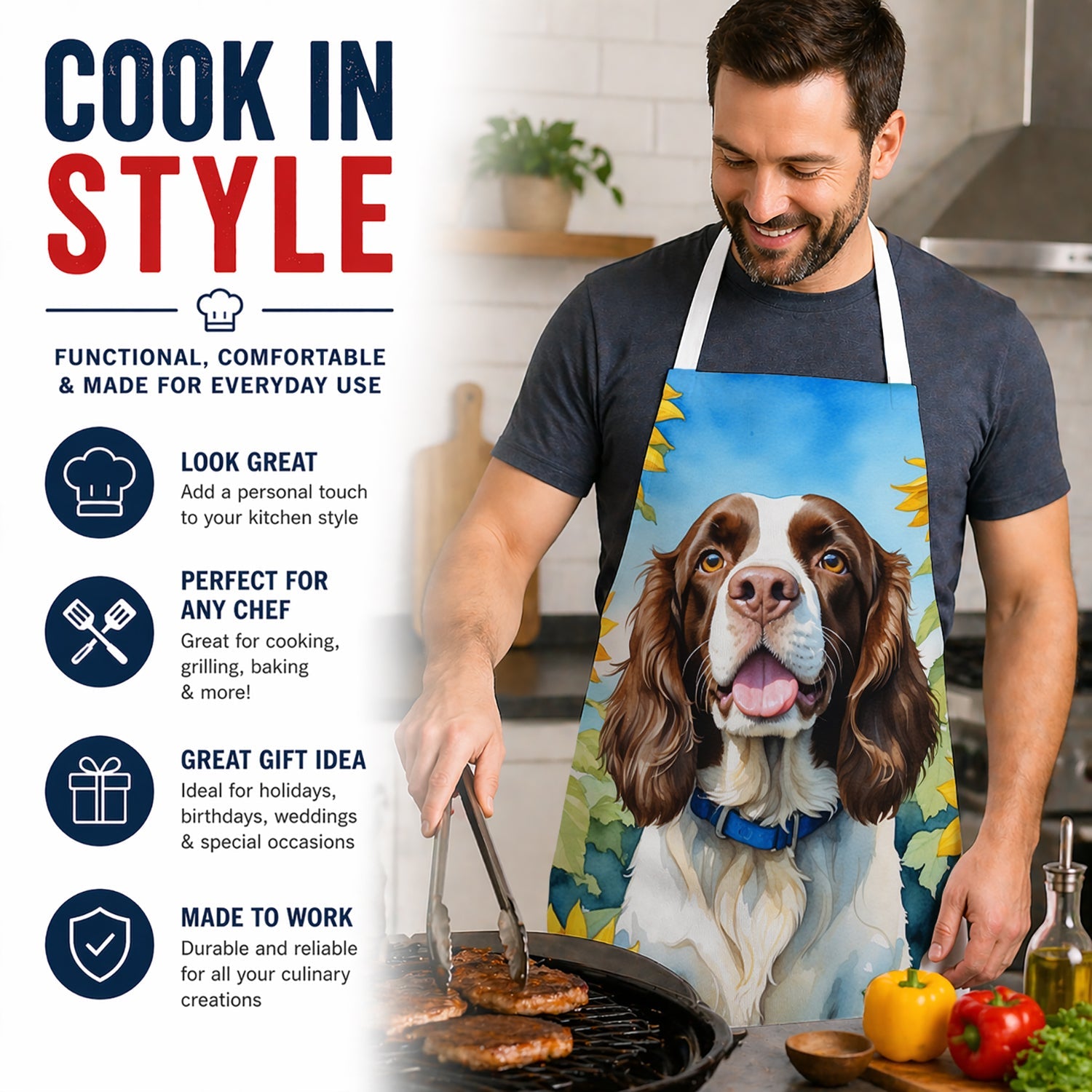 English Springer Spaniel in Sunflowers Apron Cooking Kitchen Server Baking Crafts Gardening for Adult Women Men, Unisex, Large, Multicolor