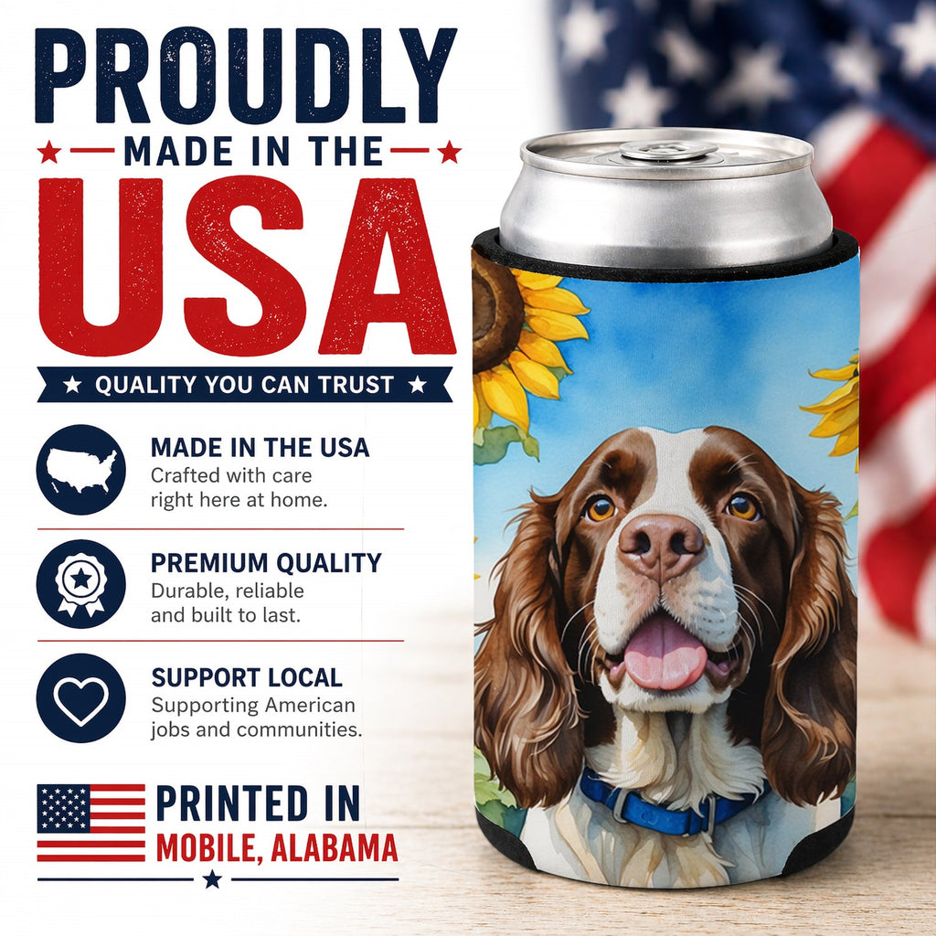 English Springer Spaniel in Sunflowers Can or Bottle Hugger Cooler Sleeve for Standard 12 oz Cans, Insulated Foam Beer & Soda Can Hugger Reusable