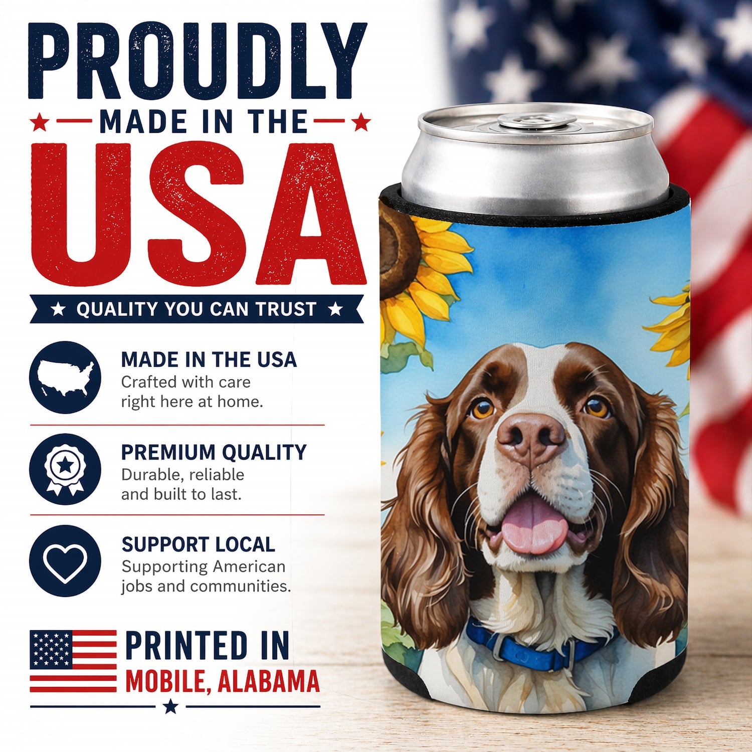 English Springer Spaniel in Sunflowers Can or Bottle Hugger Cooler Sleeve for Standard 12 oz Cans, Insulated Foam Beer & Soda Can Hugger Reusable