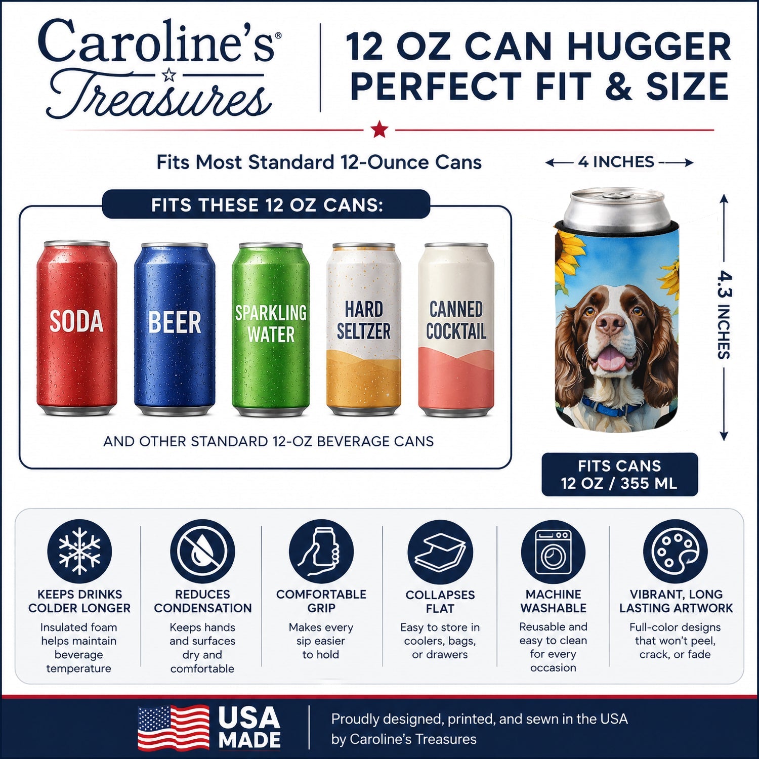 English Springer Spaniel in Sunflowers Can or Bottle Hugger Cooler Sleeve for Standard 12 oz Cans, Insulated Foam Beer & Soda Can Hugger Reusable