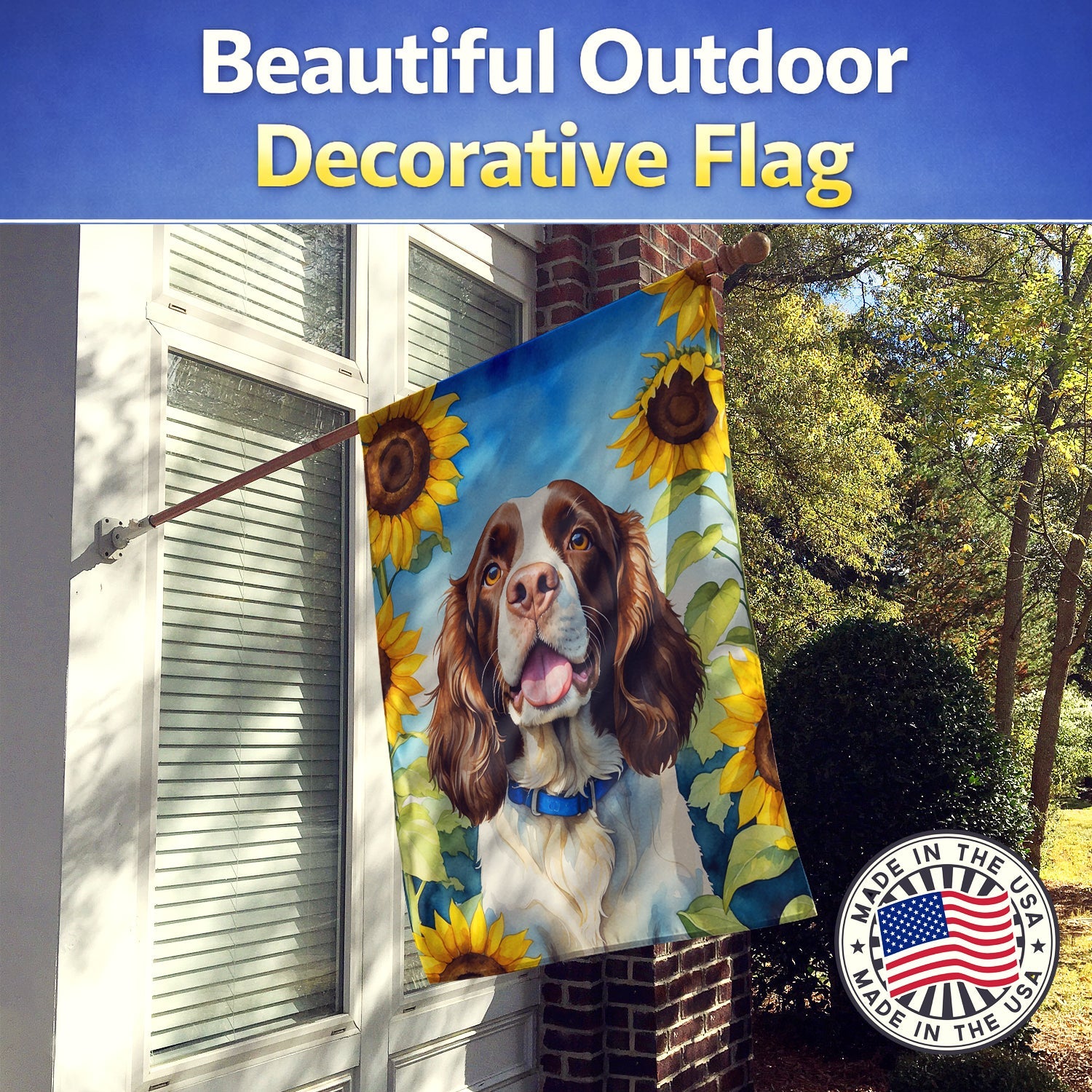 English Springer Spaniel in Sunflowers House Flag 28x40 Porch Sleeve Pole Decorative Outside Yard Banner Artwork Wall Hanging, Polyester