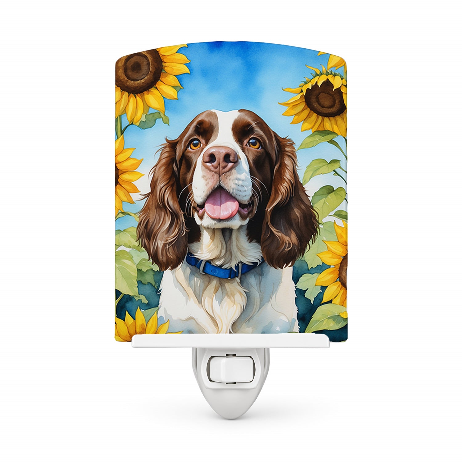 English Springer Spaniel in Sunflowers Ceramic Night Light Compact, UL-Certified, Ideal for Bedroom, Bathroom, Nursery, Hallway, Kitchen, 6x4x3, Multicolor