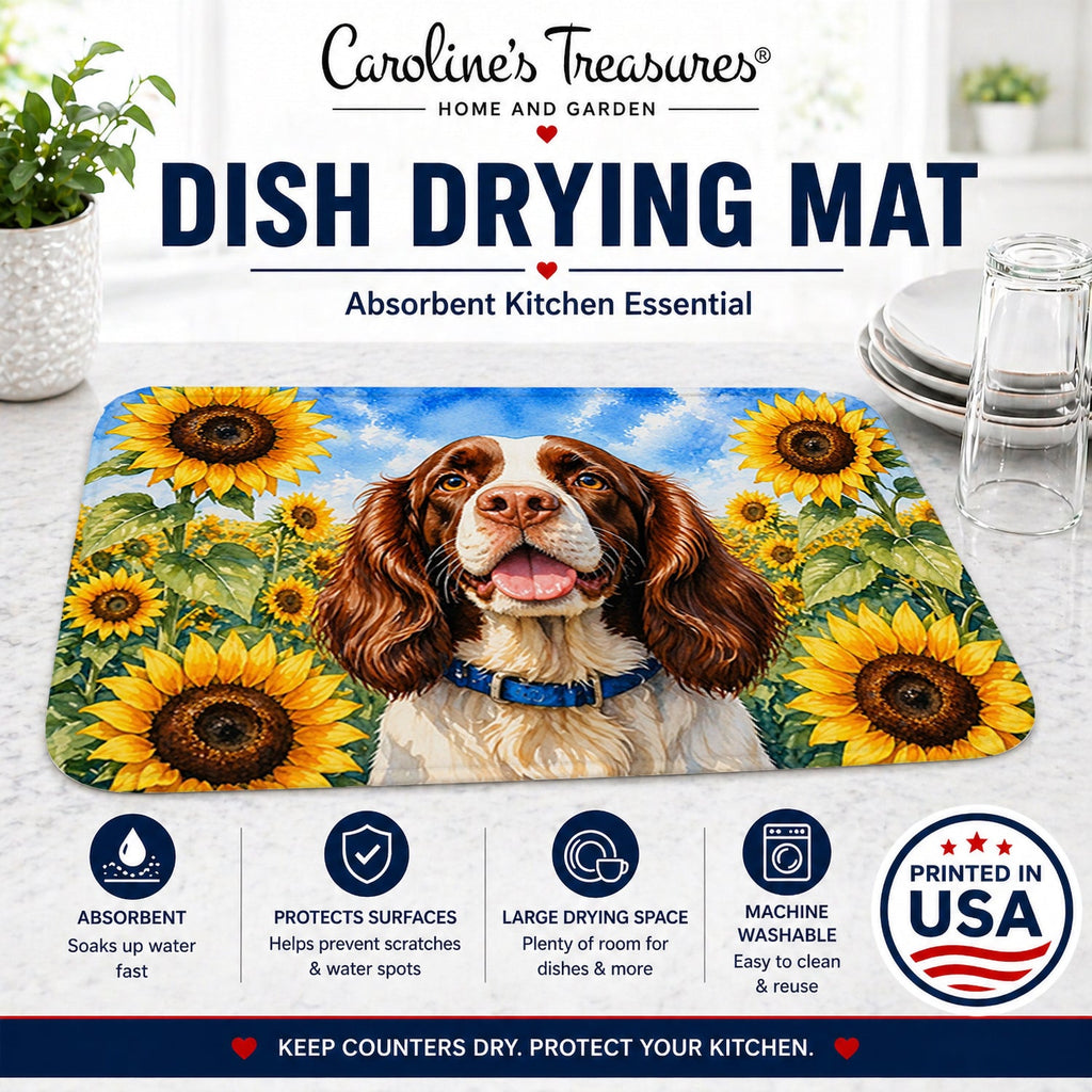 English Springer Spaniel in Sunflowers Dish Drying Mat Absorbent Dish Drying Mat Pad for Kitchen Counter Dish Drainer Mat for Countertop, 14 x 21", Multicolor