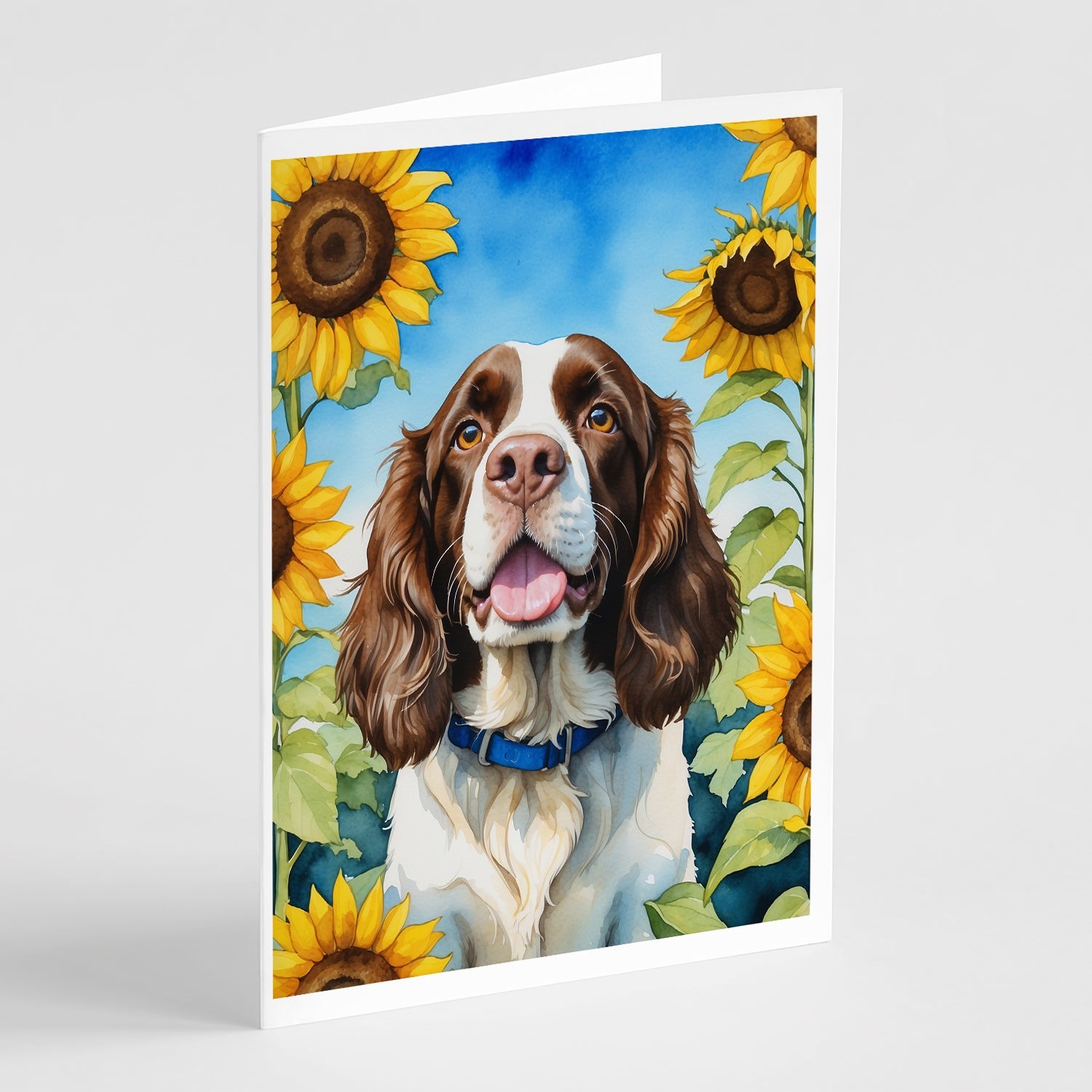 English Springer Spaniel in Sunflowers Greeting Cards Pack of 8 Blank Cards with Envelopes Whimsical A7 Size 5x7