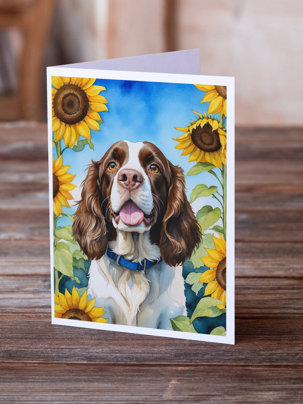 English Springer Spaniel in Sunflowers Greeting Cards Pack of 8 Blank Cards with Envelopes Whimsical A7 Size 5x7