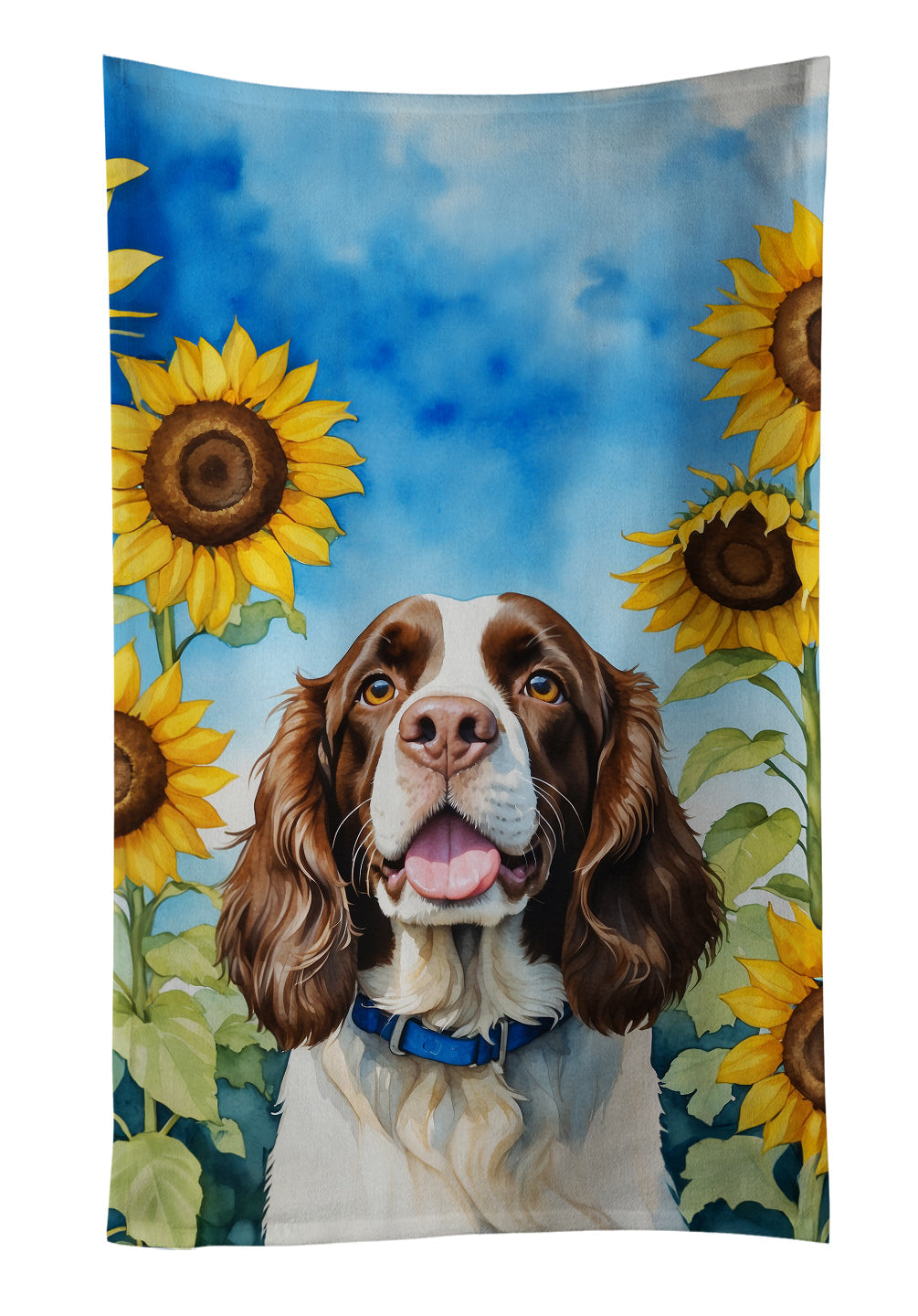 English Springer Spaniel in Sunflowers Kitchen Towel Velour Plush Front and Cotton Loop Back Machine Washable