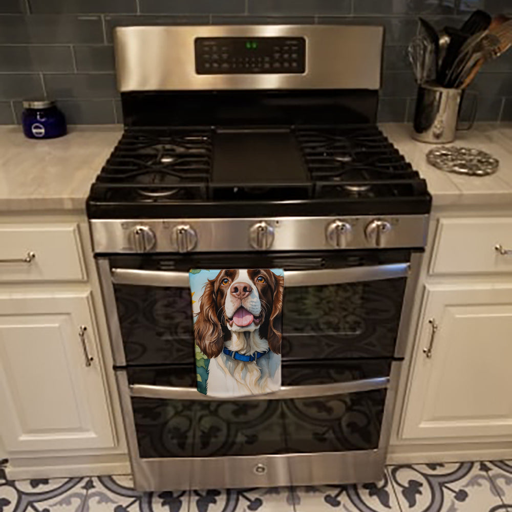 English Springer Spaniel in Sunflowers Kitchen Towel Velour Plush Front and Cotton Loop Back Machine Washable