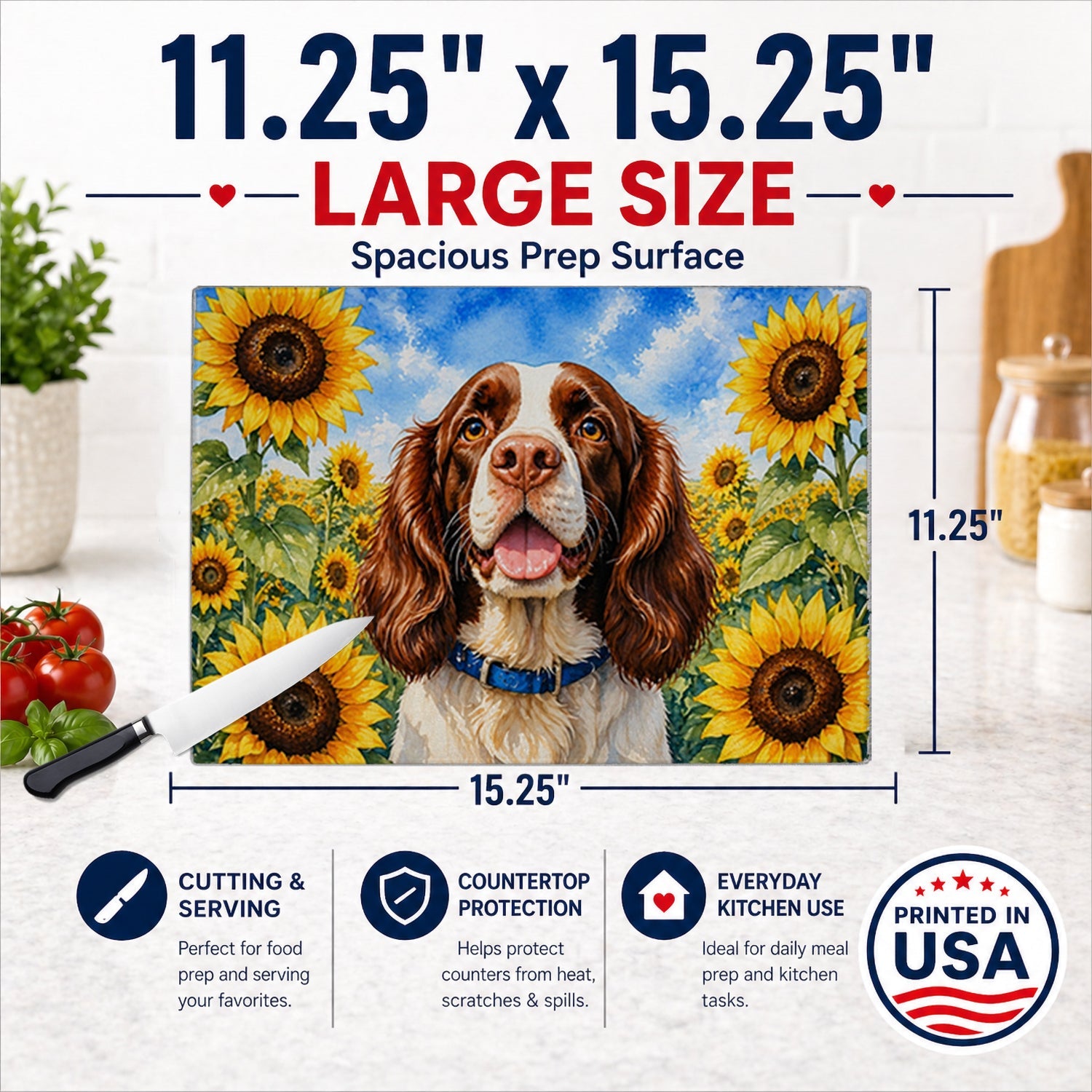 English Springer Spaniel in Sunflowers Cutting Board Tempered Glass Kitchen Cutting Surface, Heat Resistant Chopping Board with Non-Slip Feet, Decorative Food Prep & Serving