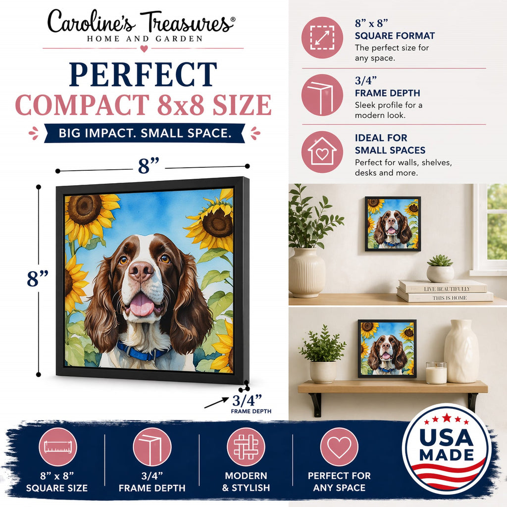 English Springer Spaniel in Sunflowers Framed Metal Print Bathroom, Kitchen, Office, Home Decor Wall Art Ready to Hang, Square, 8X8